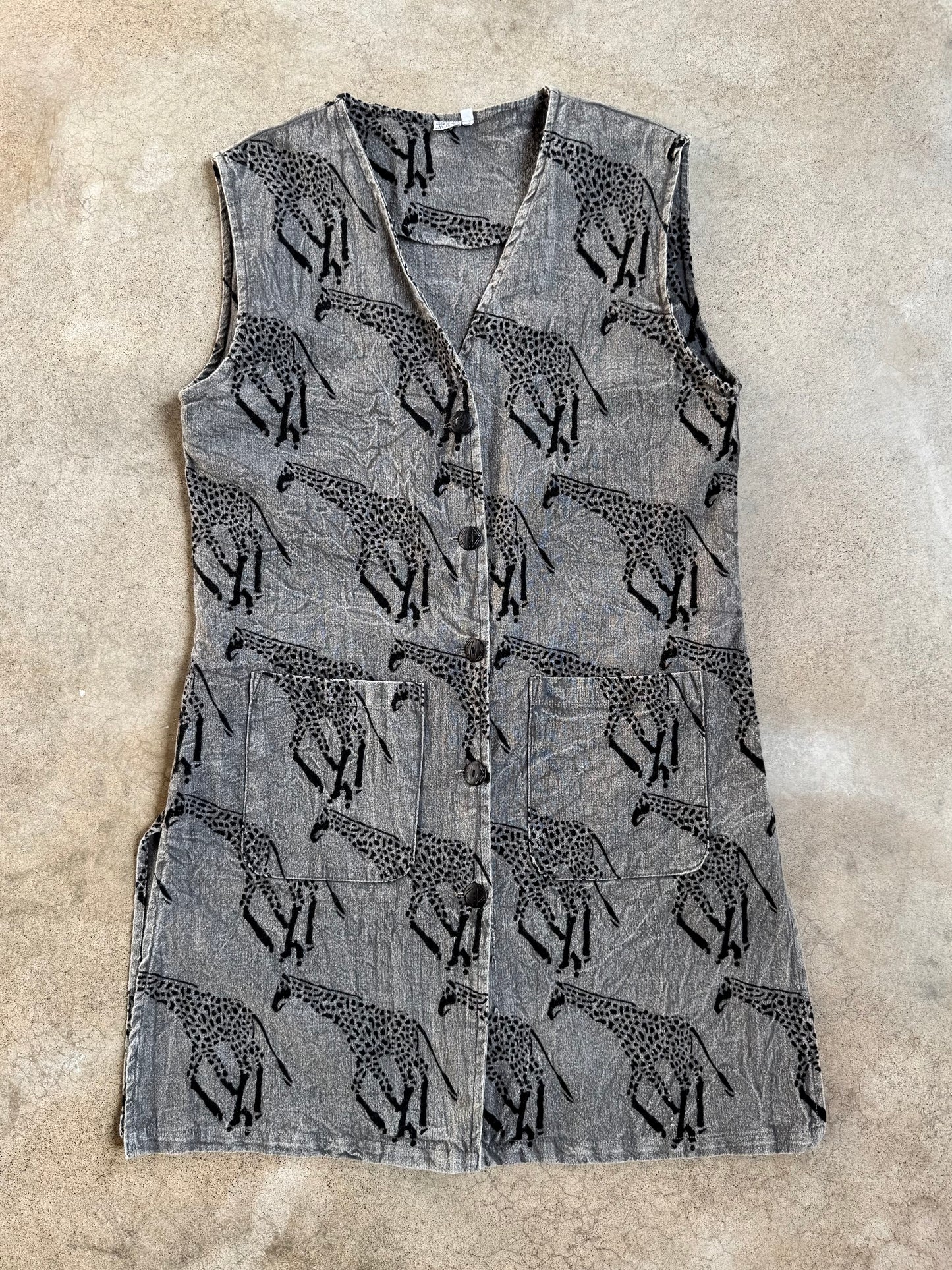 Vintage 1990s Grey Giraffe Print Cotton Sleeveless Button-Front Dress | Small