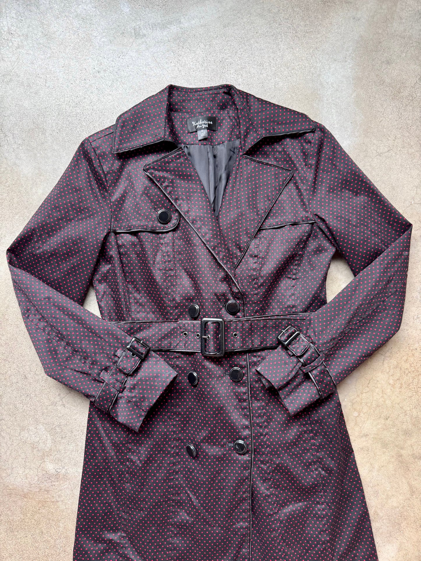 2000s Katherine NY Black & Red Polka Dot Trench Coat | Small