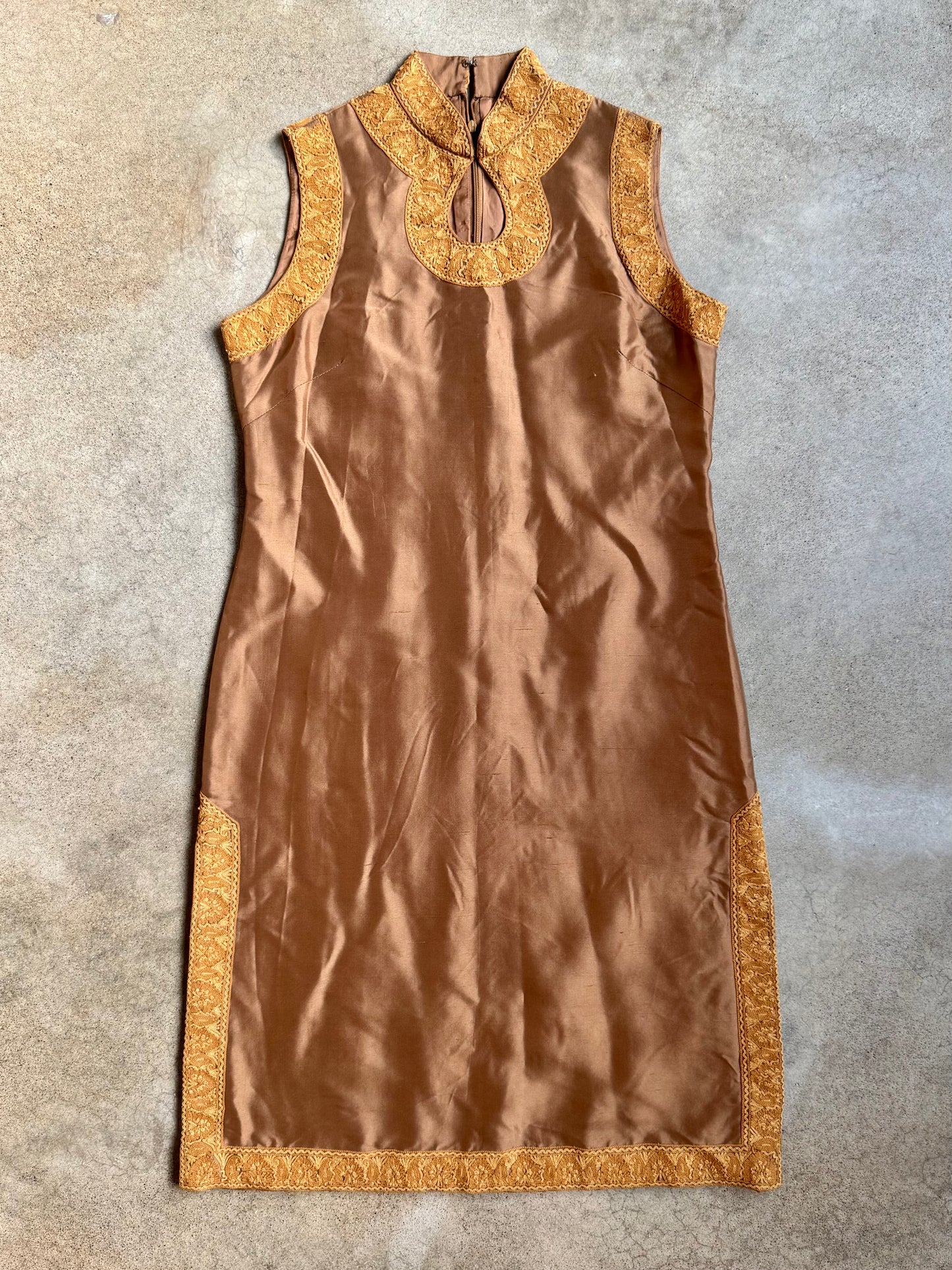 Vintage Brown Silk Sleeveless Tunic w/ Gold Embroidered Trim | Medium