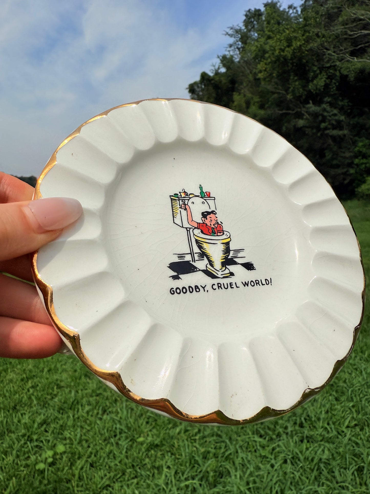 Vintage 1950s "Goodbye, Cruel World" Ceramic Ashtray