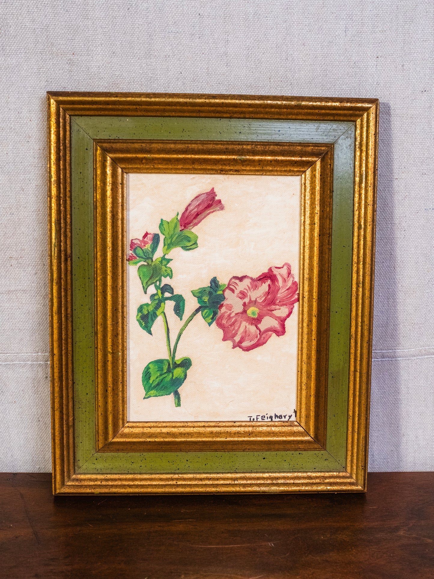 Vintage 1950s Wood Framed Snapdragon Flower Oil Painting | Signed