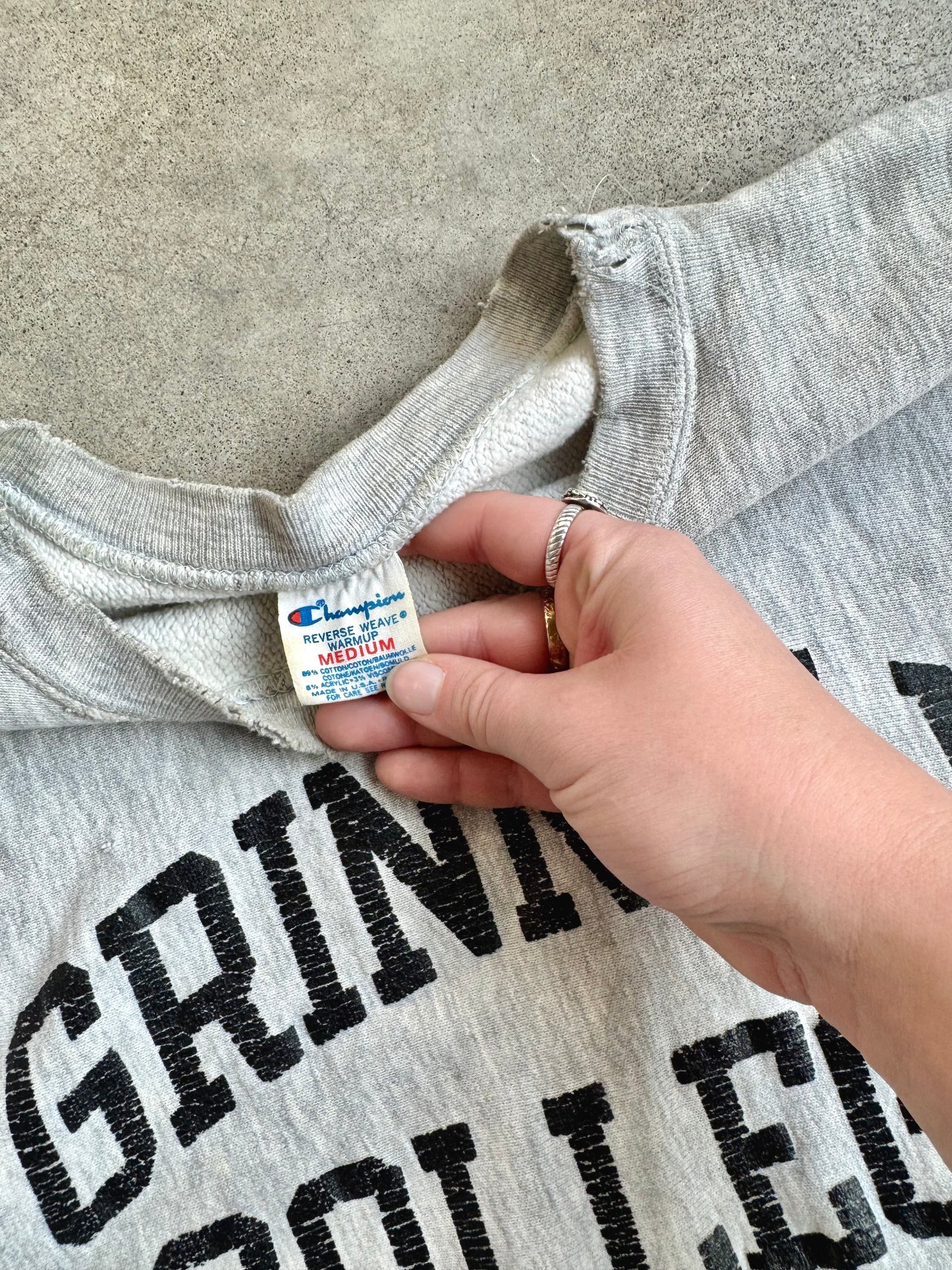 Vintage 1970s Champion Reverse Weave Grinnell College Distressed Sweatshirt | Medium