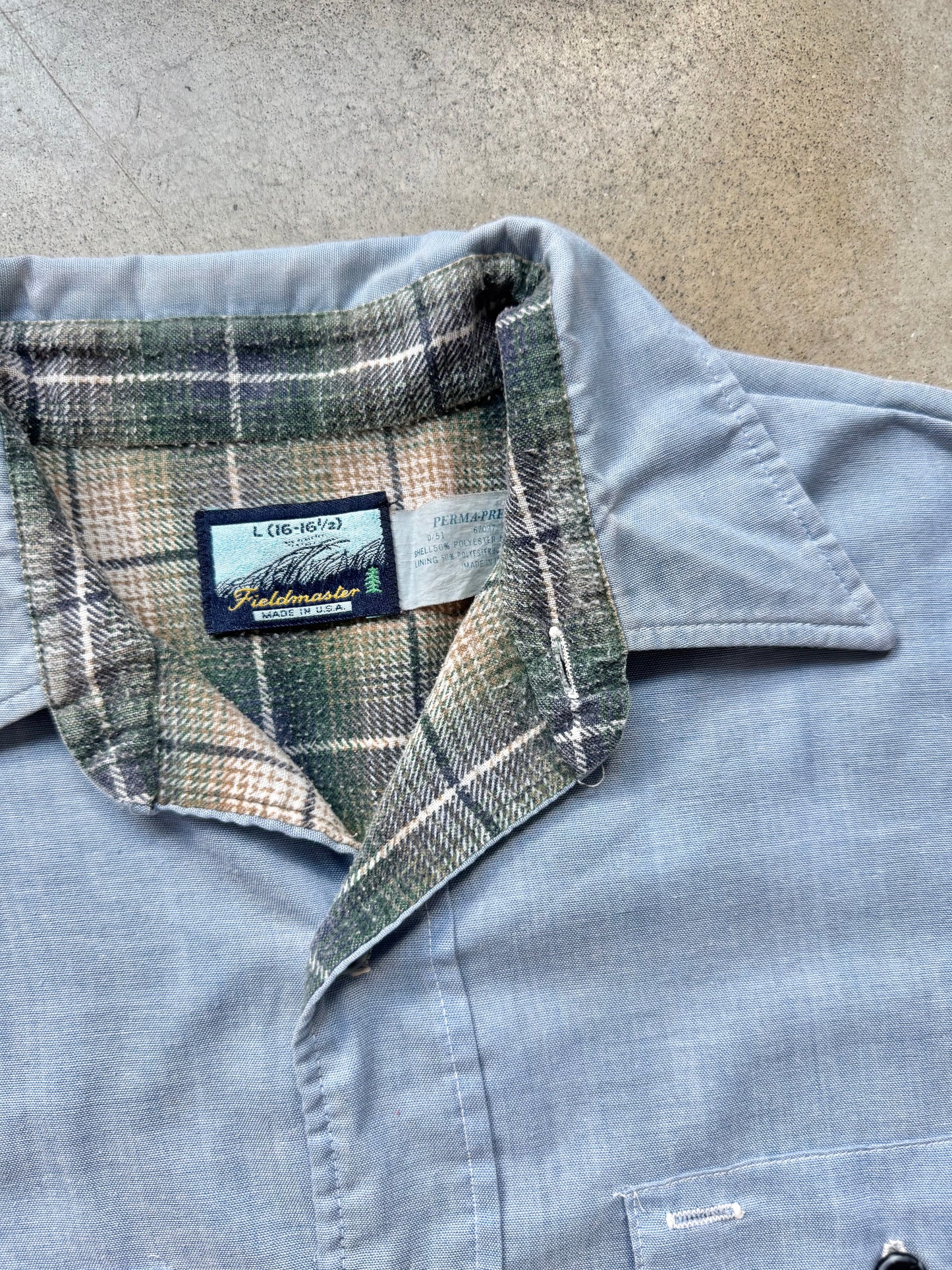 Vintage 1970s/80s Fieldmaster Flannel Lined Blue Utility Work Shirt | Large