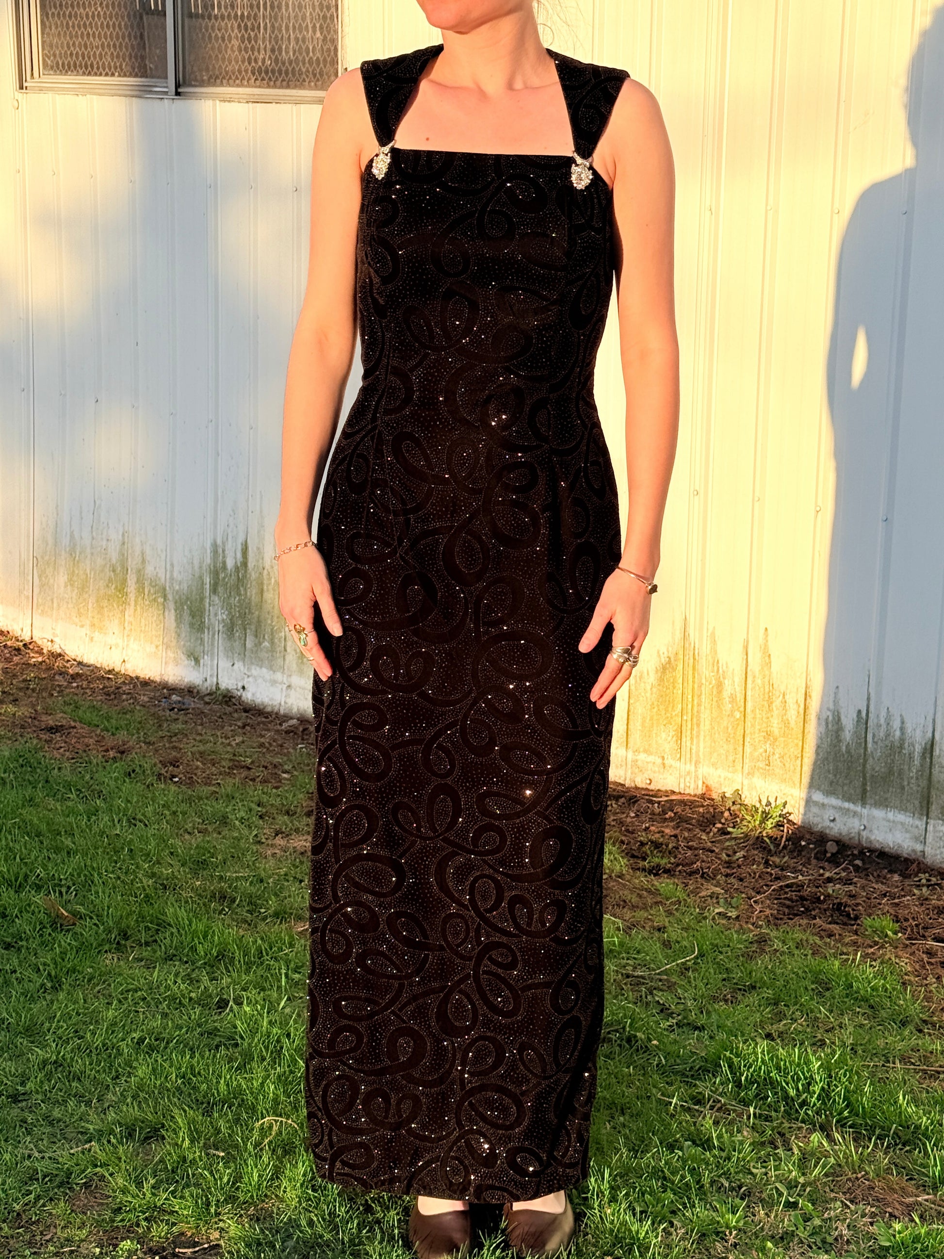 Vintage 1990s Scott McClintock Black Sparkly Velvet Formal Dress