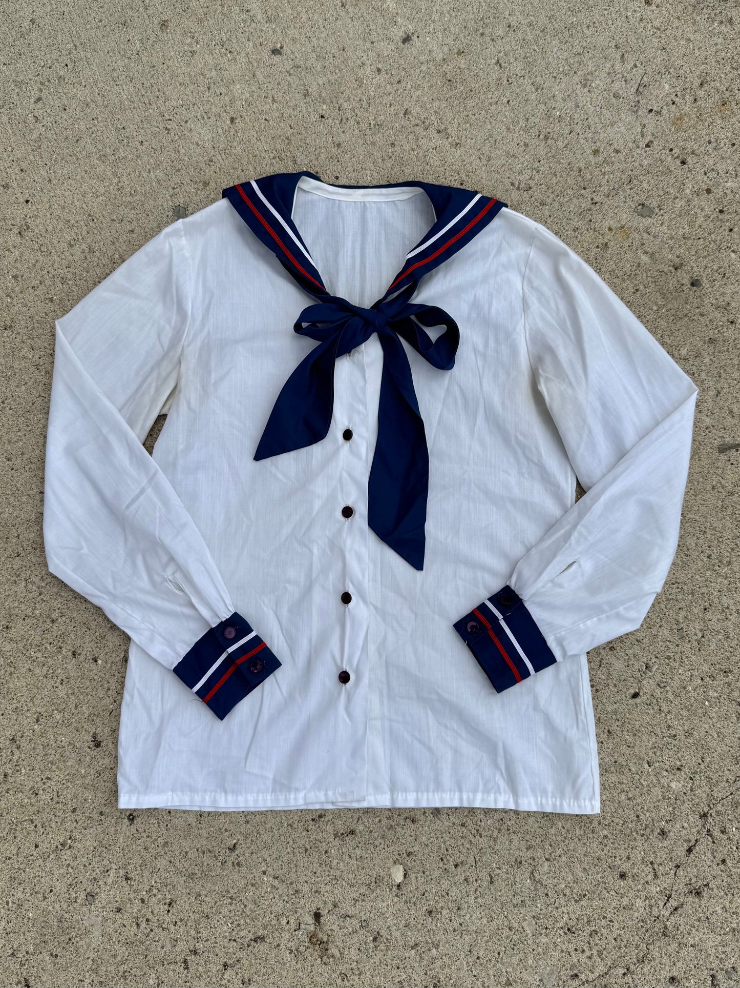 Vintage 1970s White & Navy Button-Up Sailor Blouse | Small