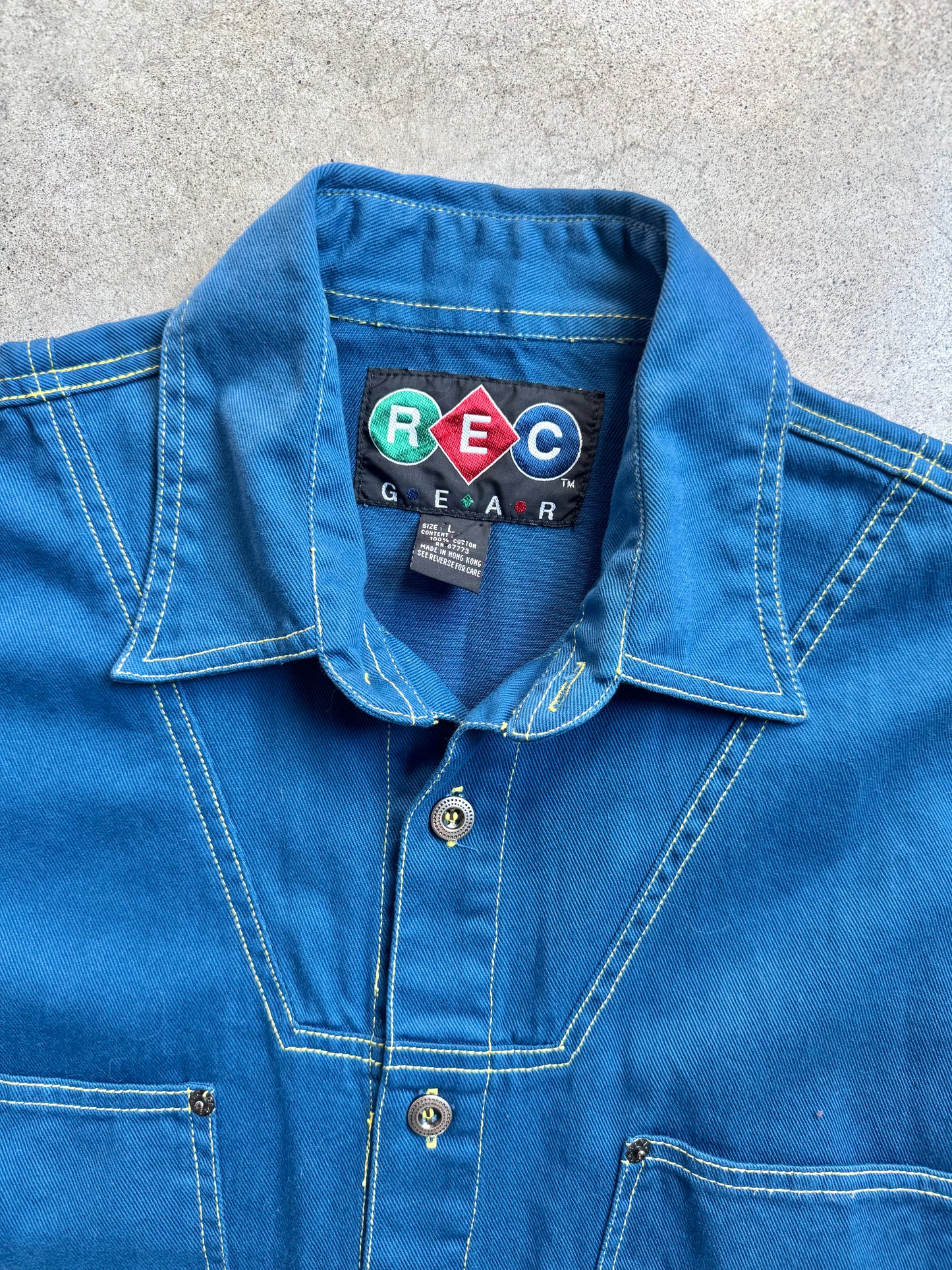 Vintage 1990s Rec Gear Embroidered Blue Button-Up Utility Shirt | Large