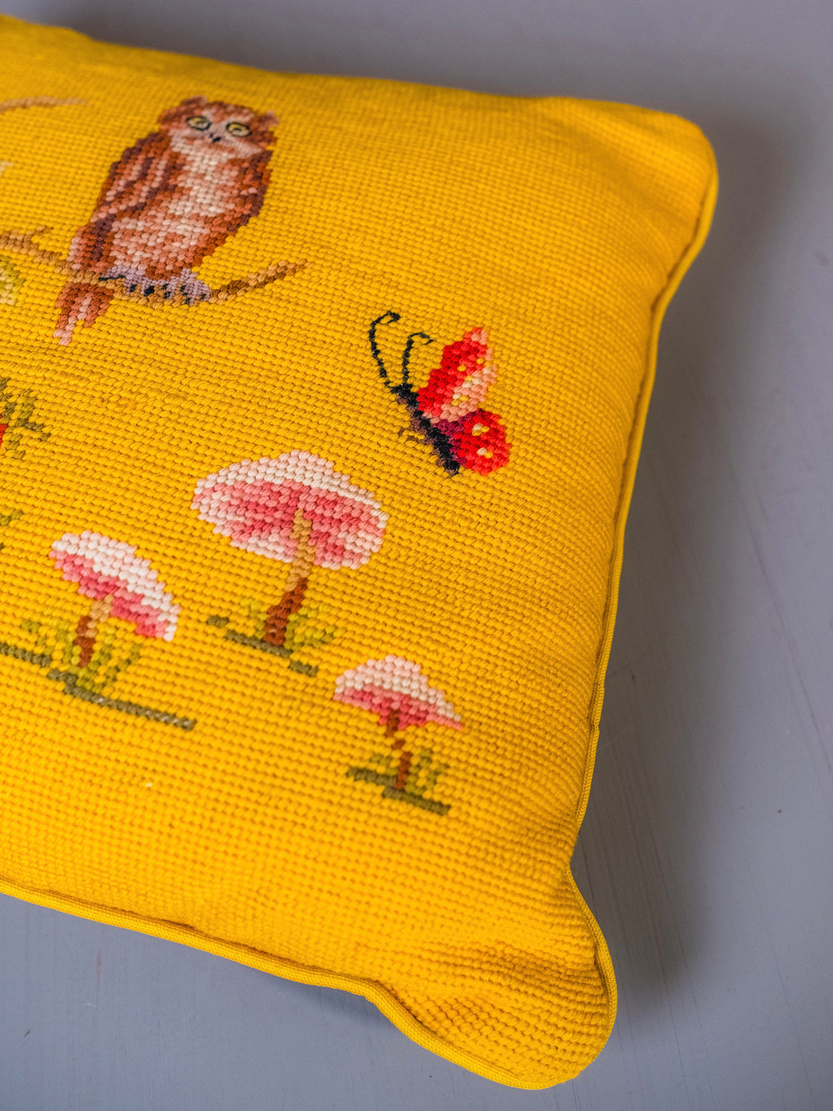 Vintage Yellow “Owl & Mushrooms” Needlepoint Throw Pillow