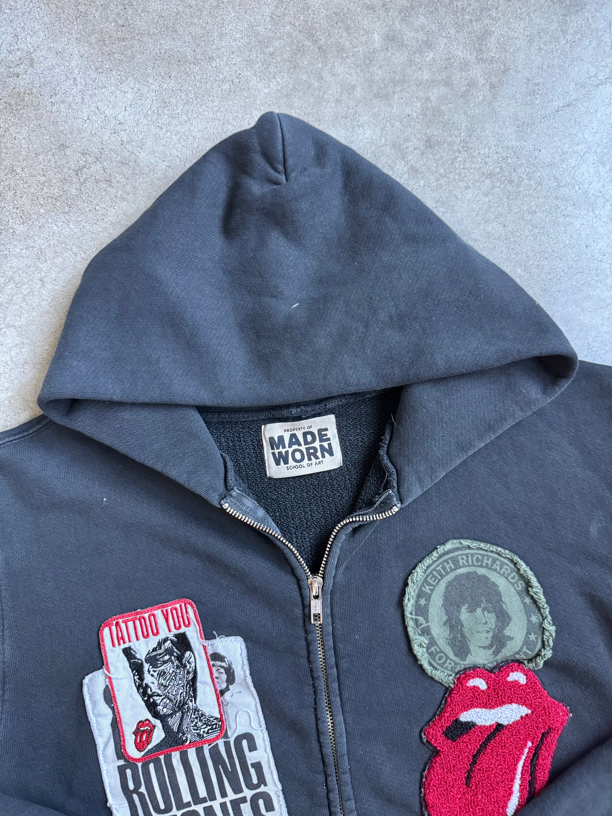 Made Worn Rolling Stones Patched Black Cotton Zip-Up Hoodie | Medium