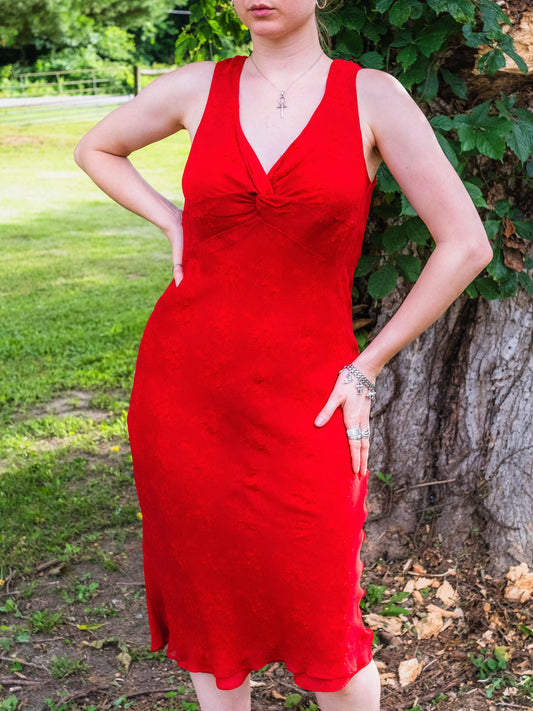 Vintage 1990s Ice Red Beaded Silk V-Neck Midi Dress | Small