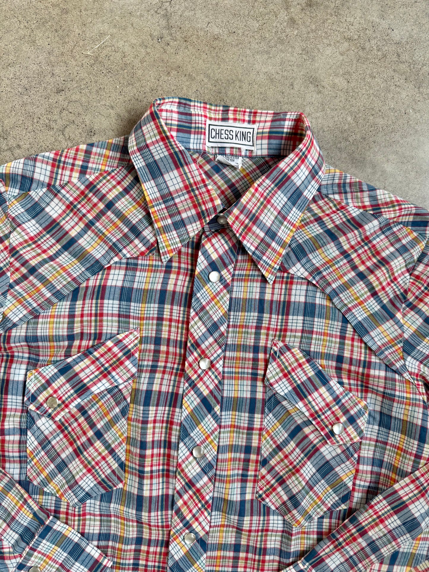 Vintage 1960s Chess King Multi-Color Plaid Western Pearl Snap Shirt | Large