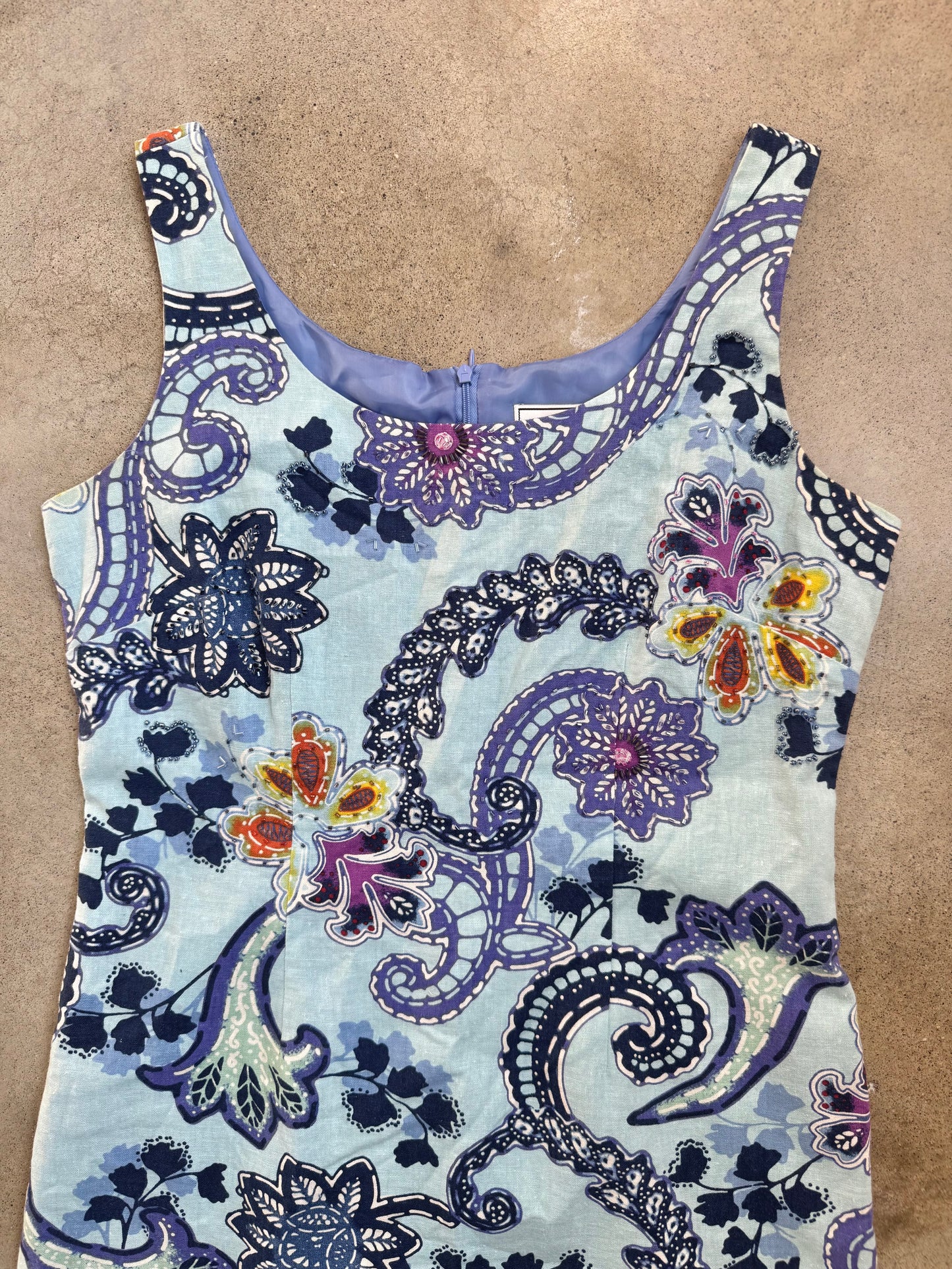 Vintage 1990s Willow Glenn Beaded Floral Linen Sheath Dress | Medium