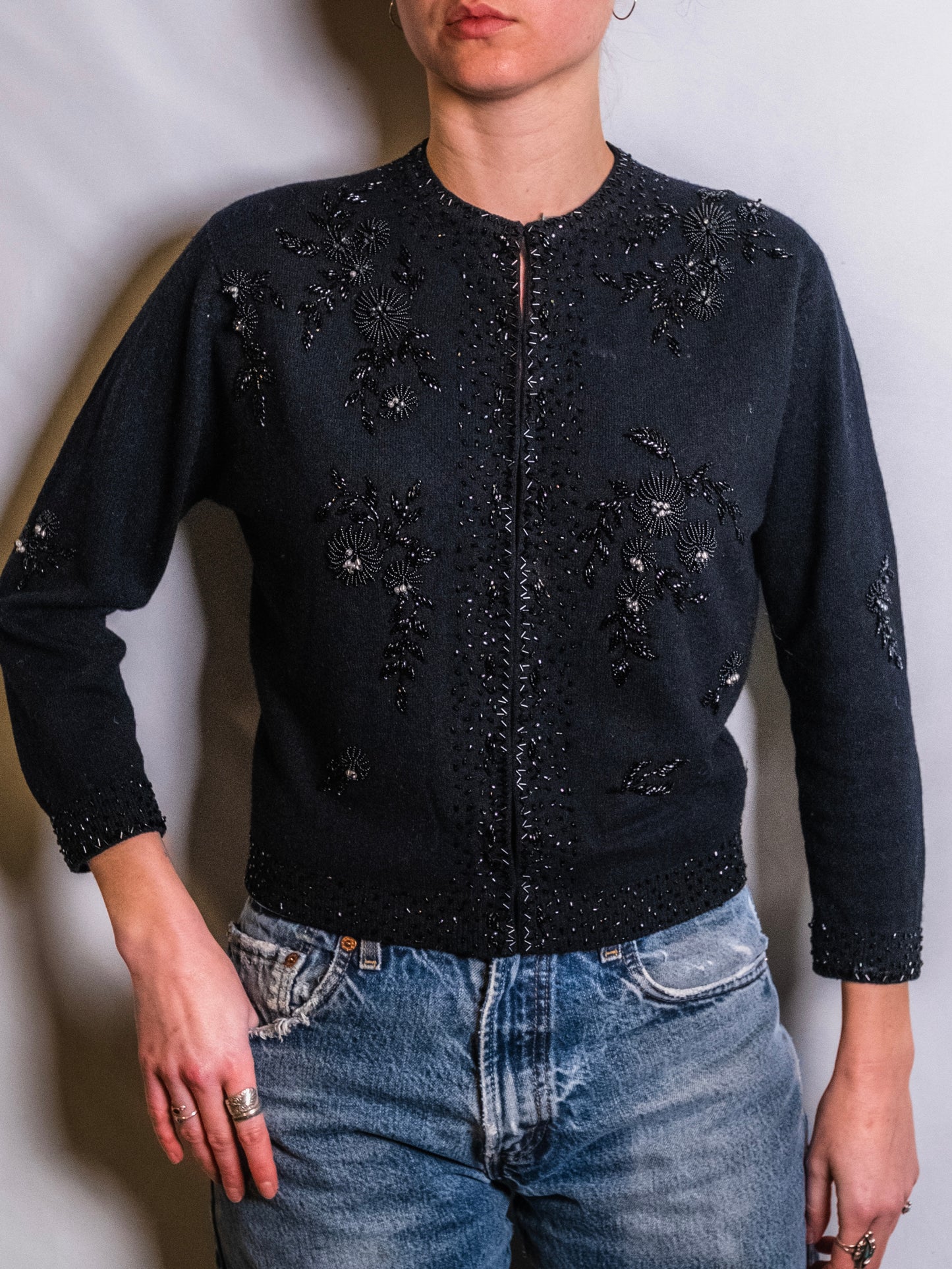 Vintage 1950s Black Beaded Cardigan Sweater | S/M