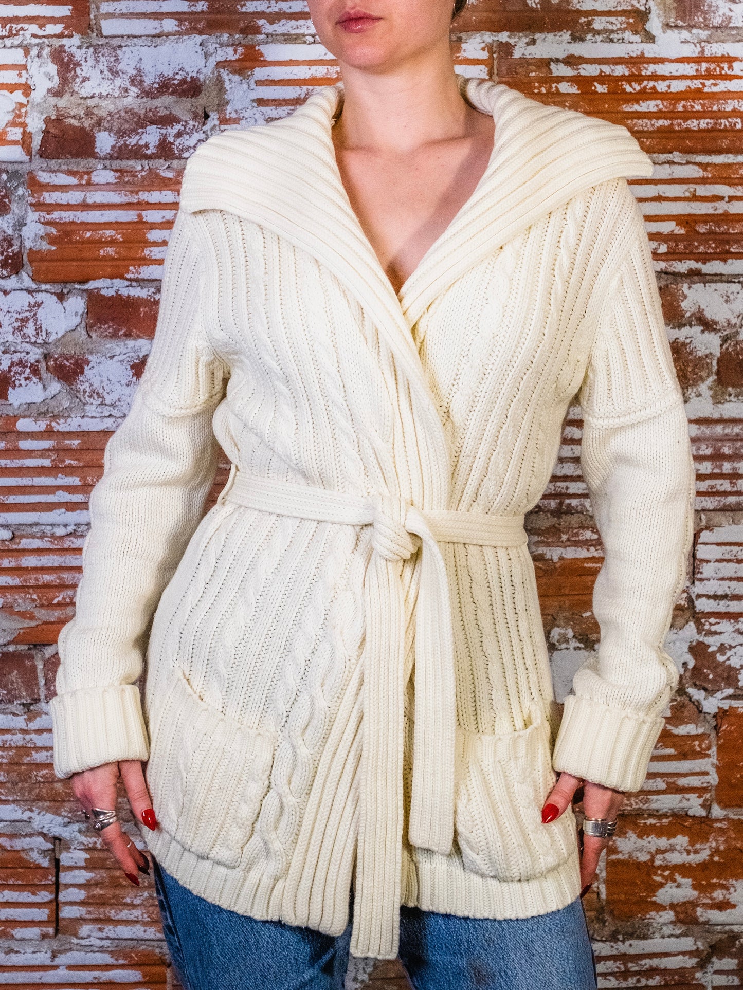 Vintage 1970s San Angelo by Aldo Verdi Cream Cable Knit Tie-Waist Cardigan | Medium