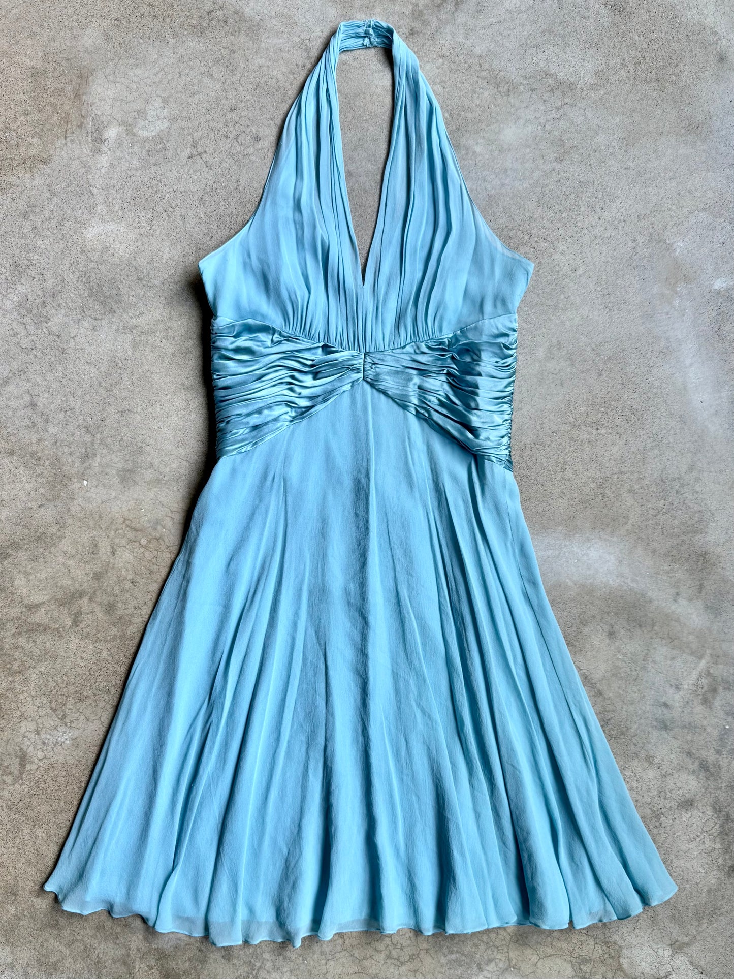 Vintage 1990s Maggy London Baby Blue Silk Halter Dress | Large