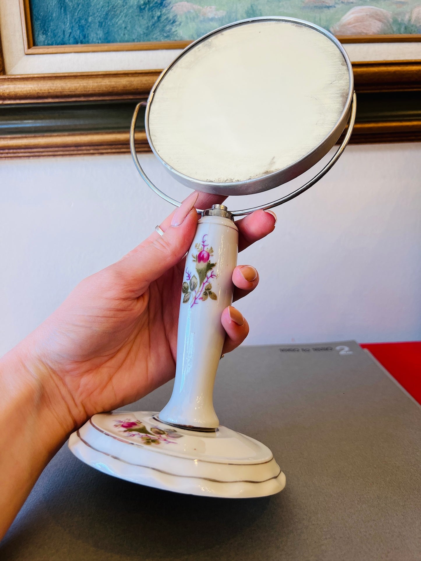 Vintage 1950s Ceramic Floral Two Sided Vanity Makeup Mirror