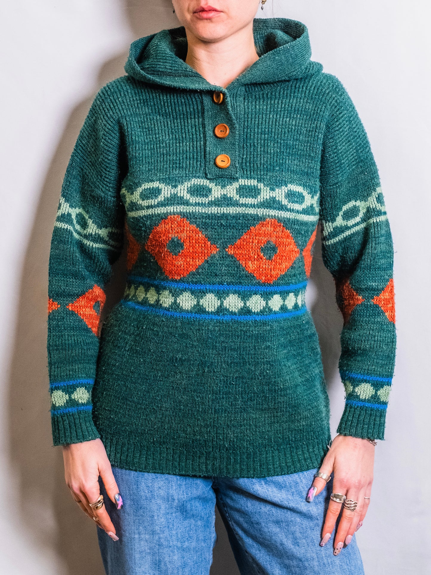 Vintage 1960s Sabra Wintuk Green Southwest Pattern Hooded Sweater | Small