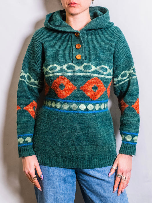 Vintage 1960s Sabra Wintuk Green Southwest Pattern Hooded Sweater | Small
