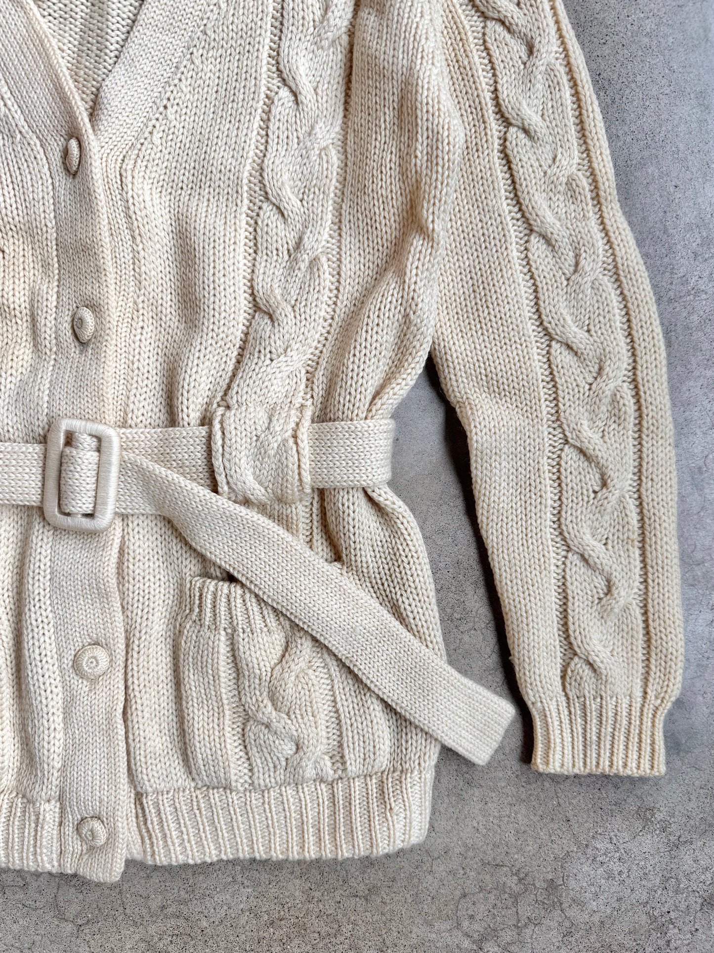 Vintage 1960s Sears 100% Wool Cream Cable Knit Belted Cardigan | Medium