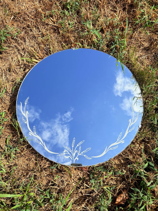 Vintage 1940s Round Floral Printed Mirror