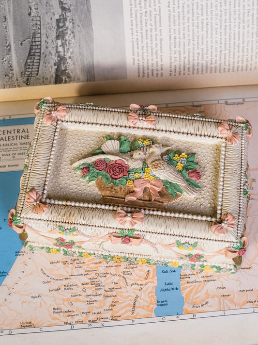 Vintage 1980s Floral 3D "Two Doves" Jewelry Box