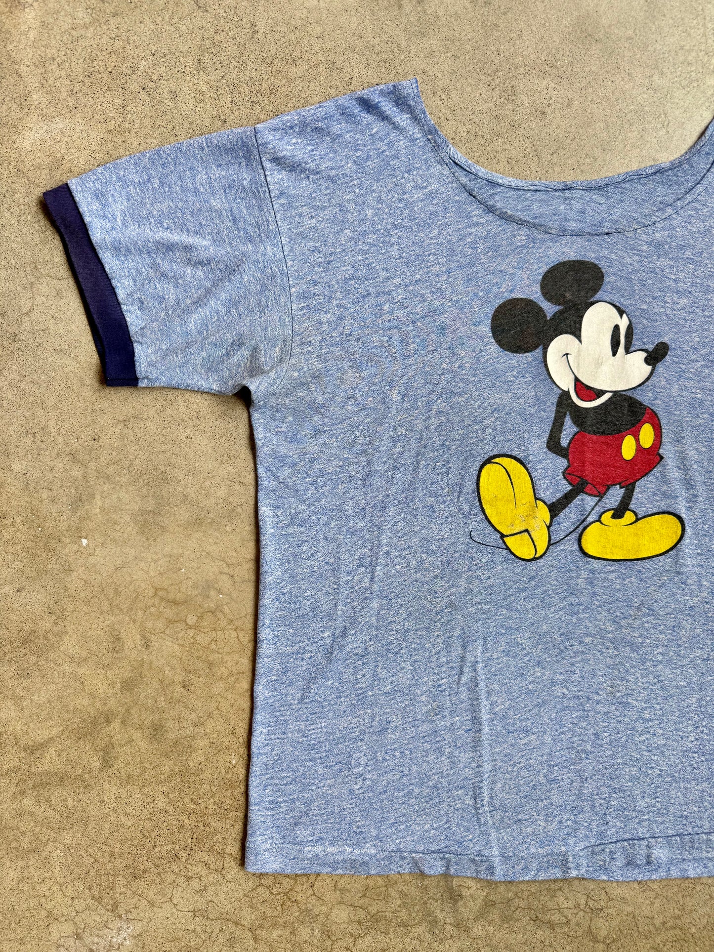 Vintage 1970s Blue Mickey Mouse Graphic Reworked Wide Neck Tee | XL