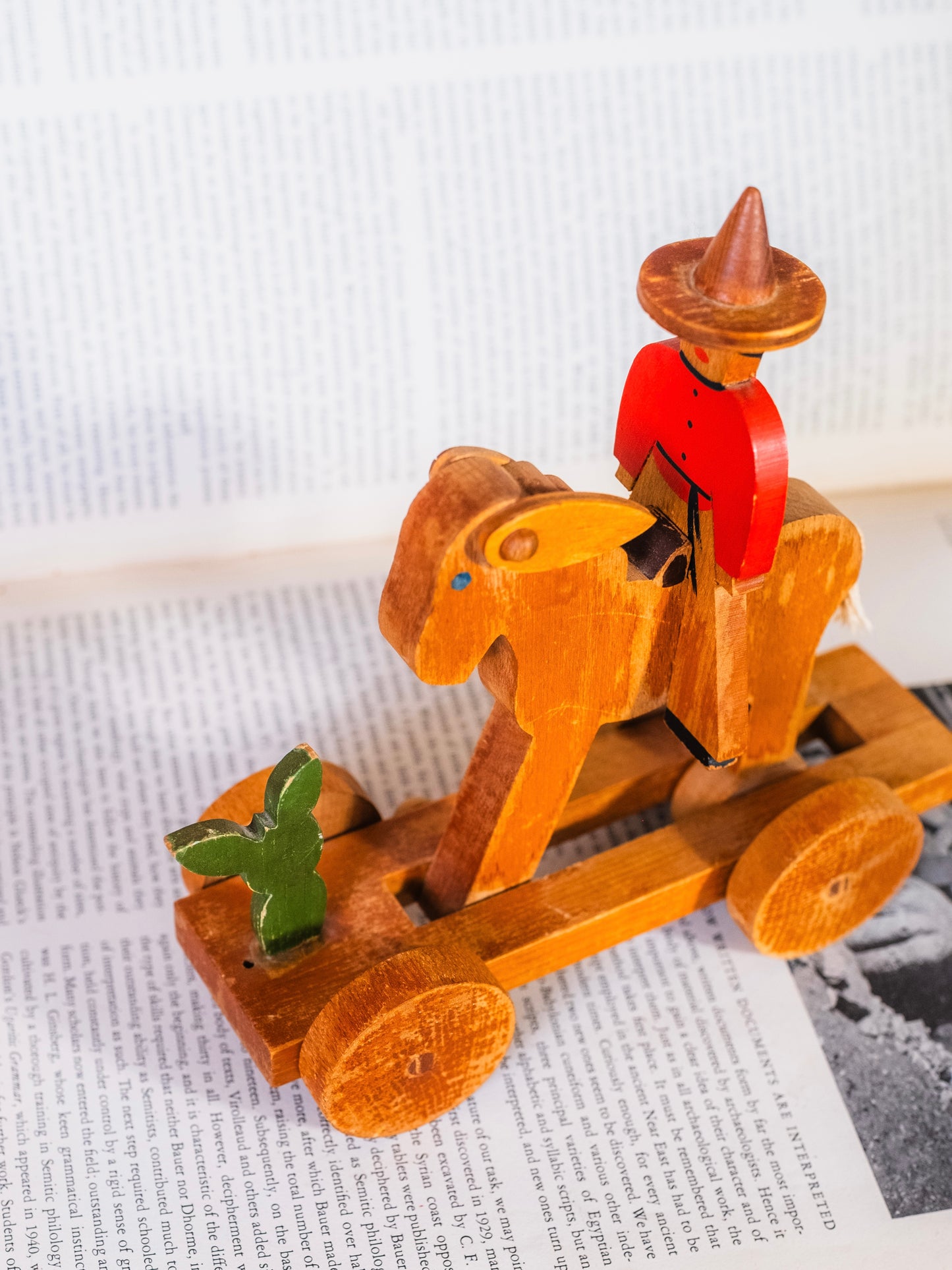 Vintage Folk Art “Donkey & Rider” Wooden Pull Toy