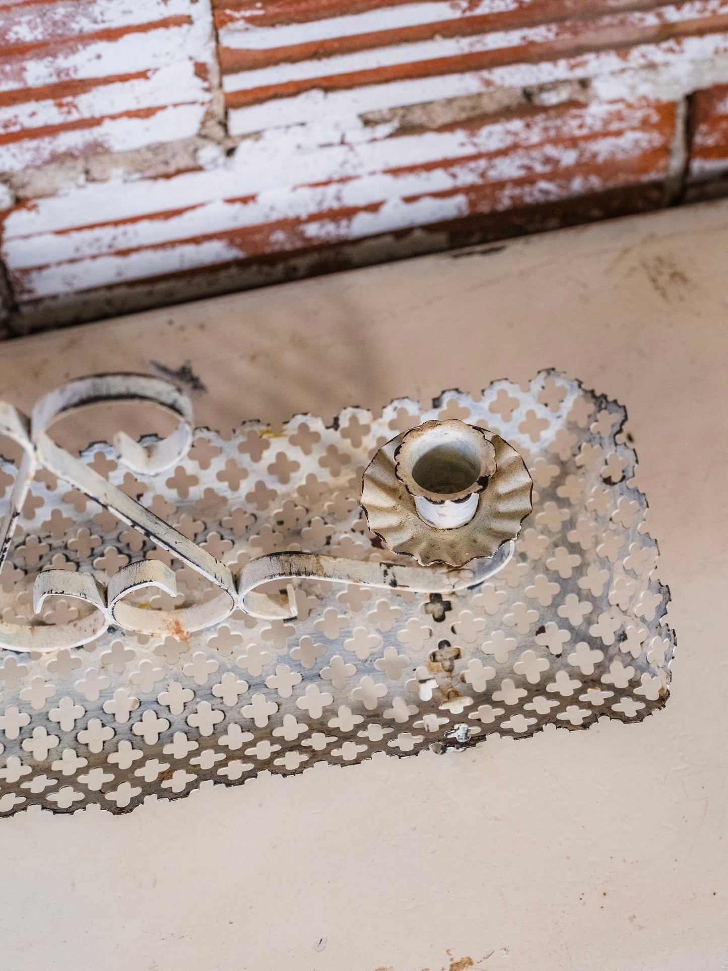 Vintage White Painted Metal Cutwork Candle Holder Centerpiece