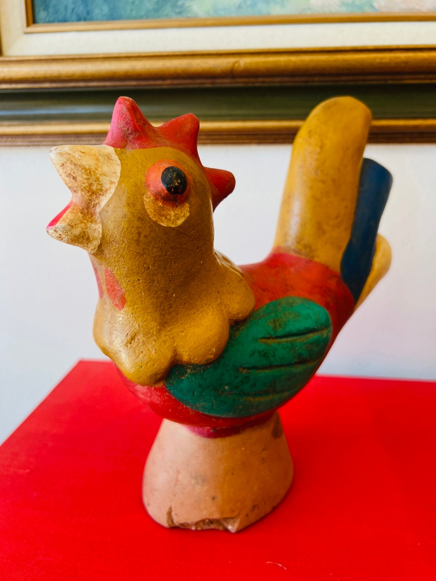 Vintage Folk Art Painted Terracotta Chicken Satue