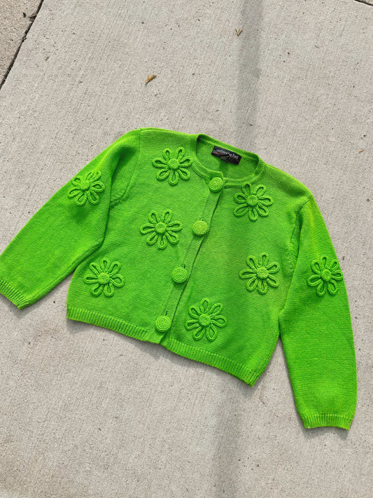 Vintage 1990s Green 3D Floral Knit Cardigan