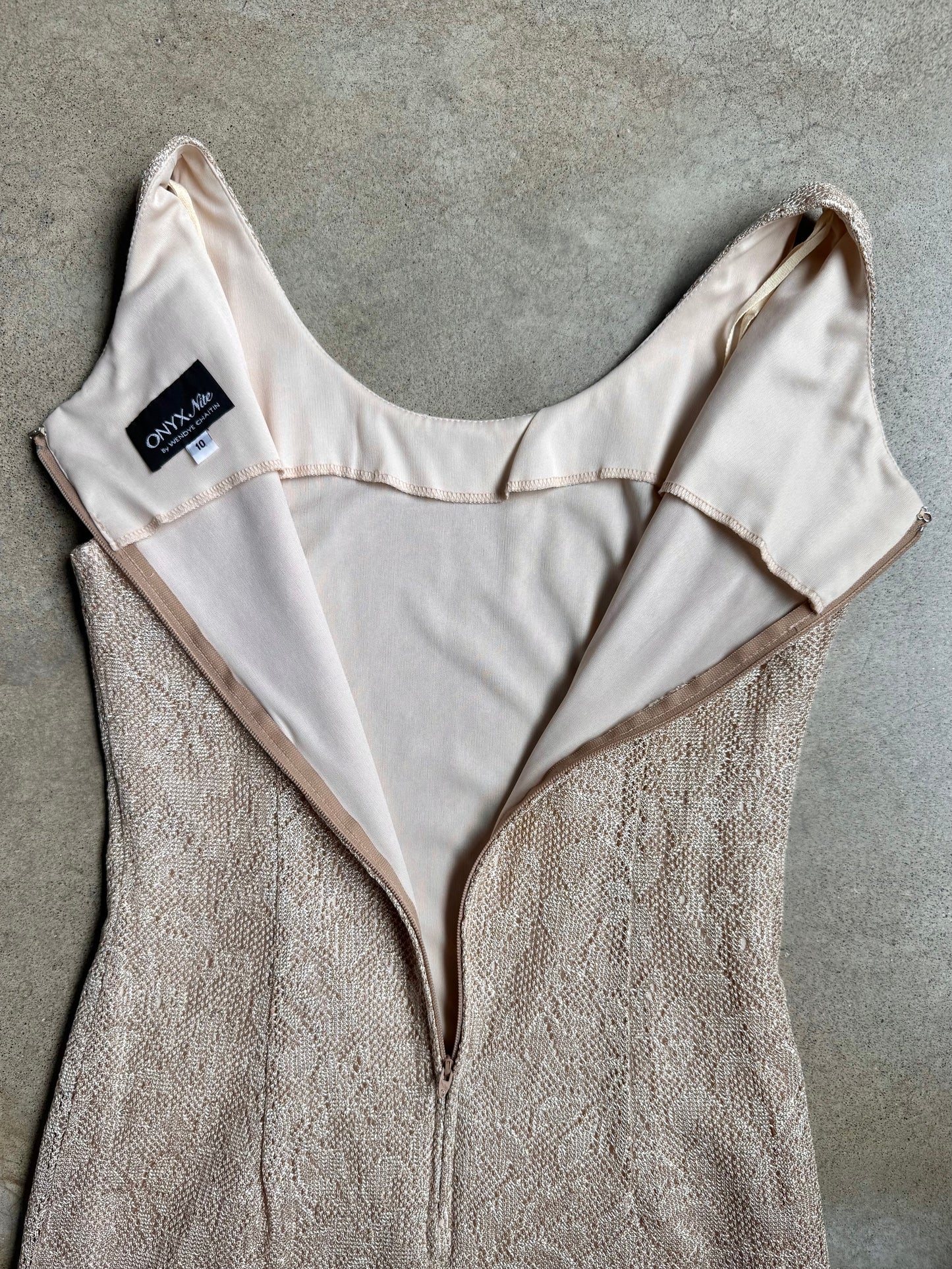 Vintage 1990s Onyx Nite Cream & Gold Metallic Crochet Dress | Medium