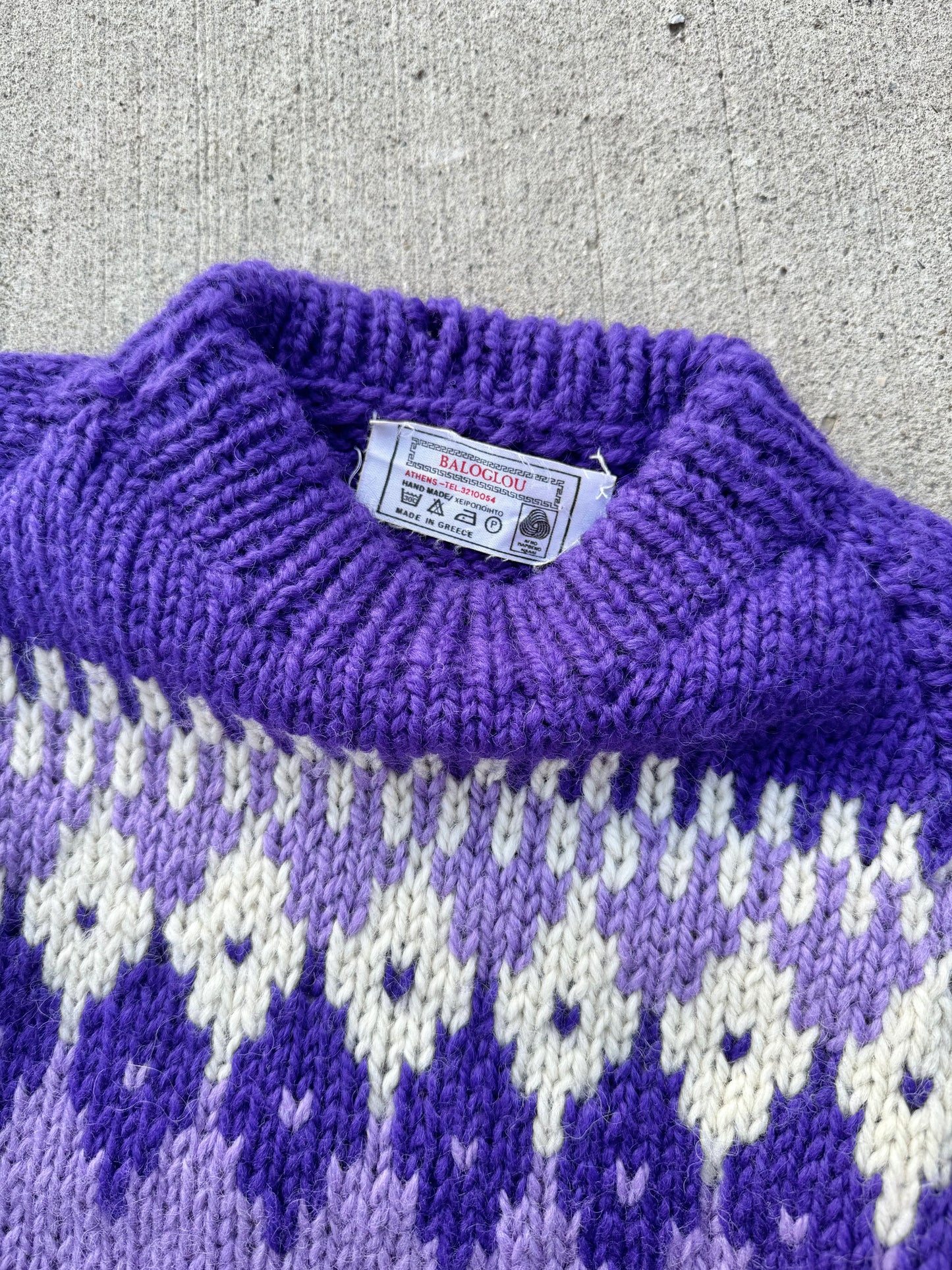 Vintage Baloglou Purple Fair Isle Wool Hand Knit Sweater | Large