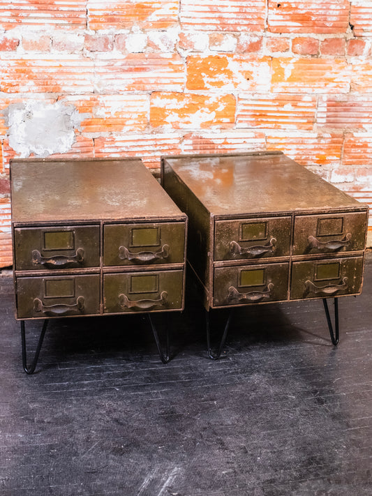 Vintage Metal Military File Cabinet Side Tables | Set of 2