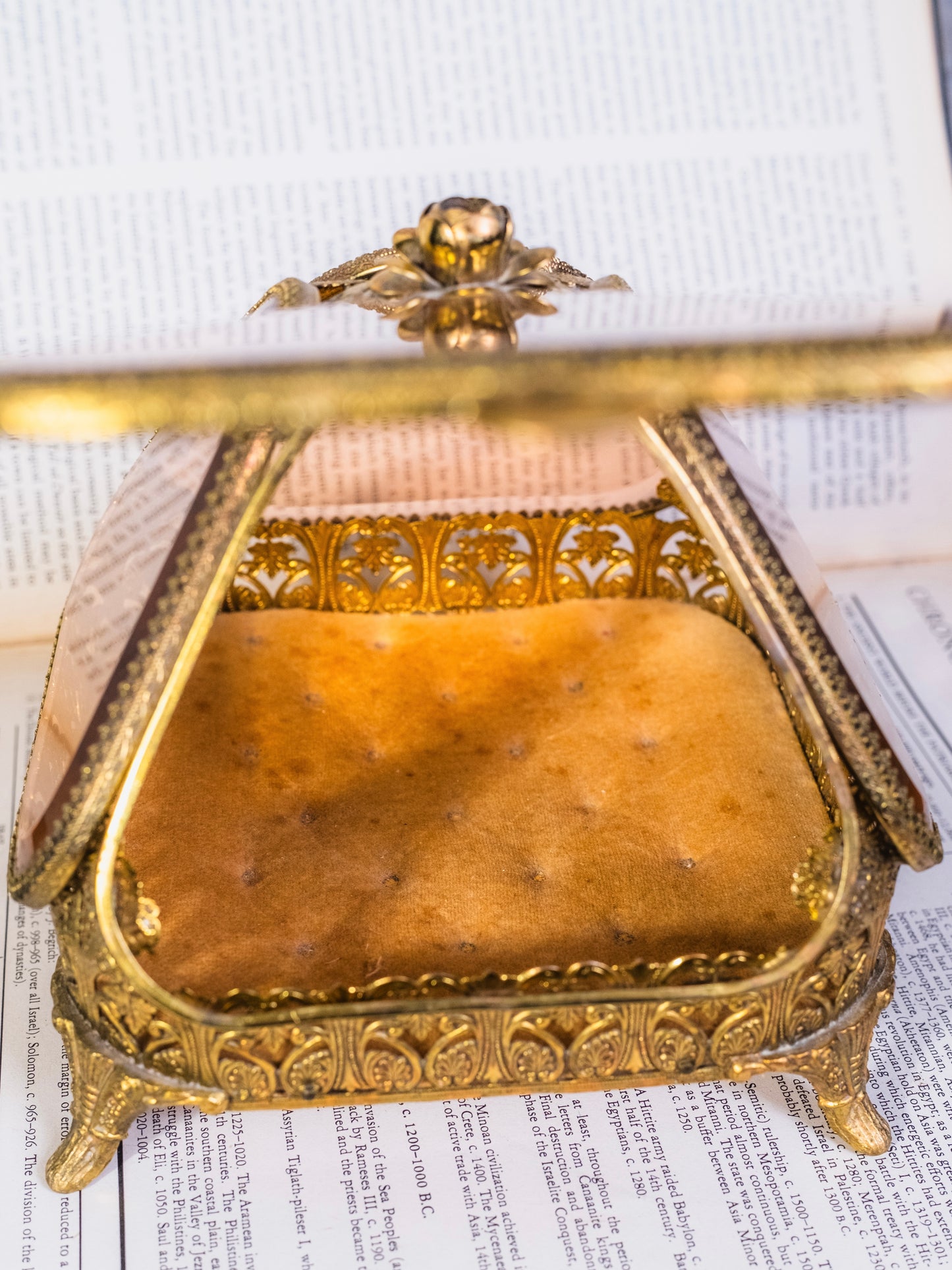 Antique French Ormolu Gold Filigree & Amber Glass Pyramid Box