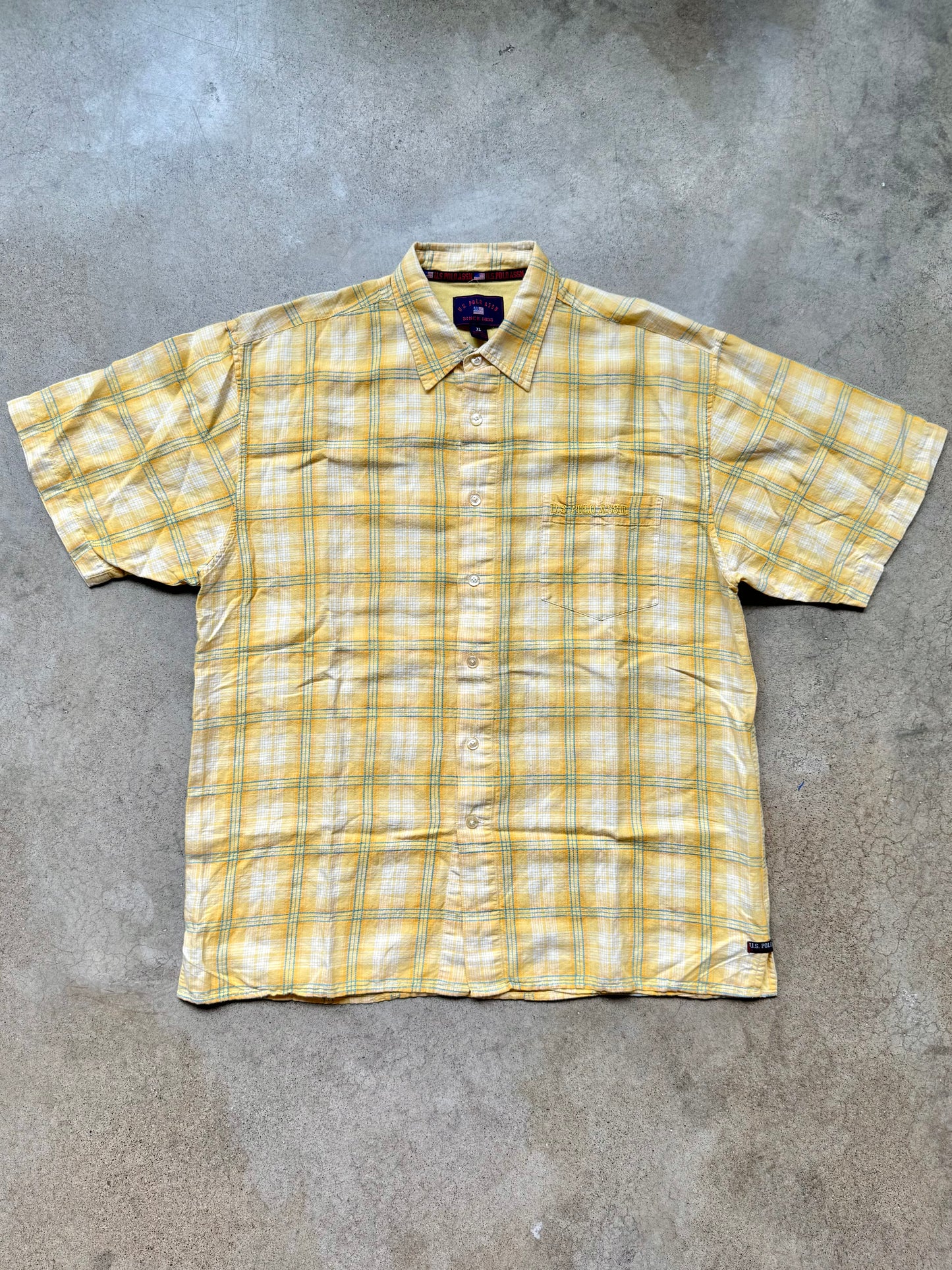2000s U.S. Polo Assn. Yellow Plaid Linen-Blend Short Sleeve Shirt | XL