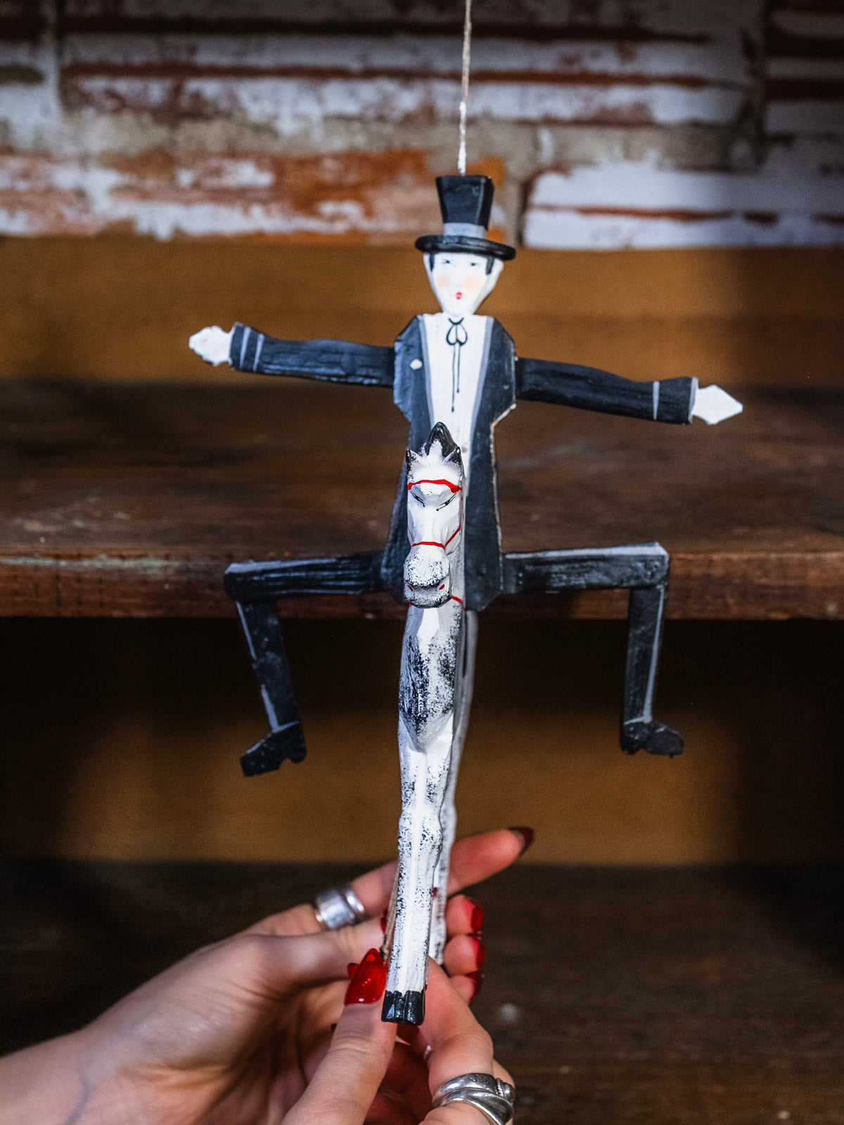 Hampelmann Style Folk Art Handmade Jumping Jack Toy | Top Hat Horseman