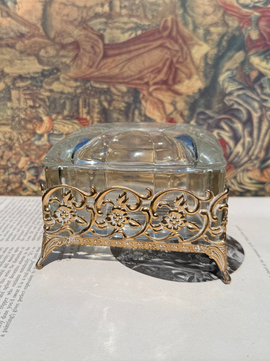 Vintage 1960s Glass Trinket Box w/ Gold-Tone Filigree Stand