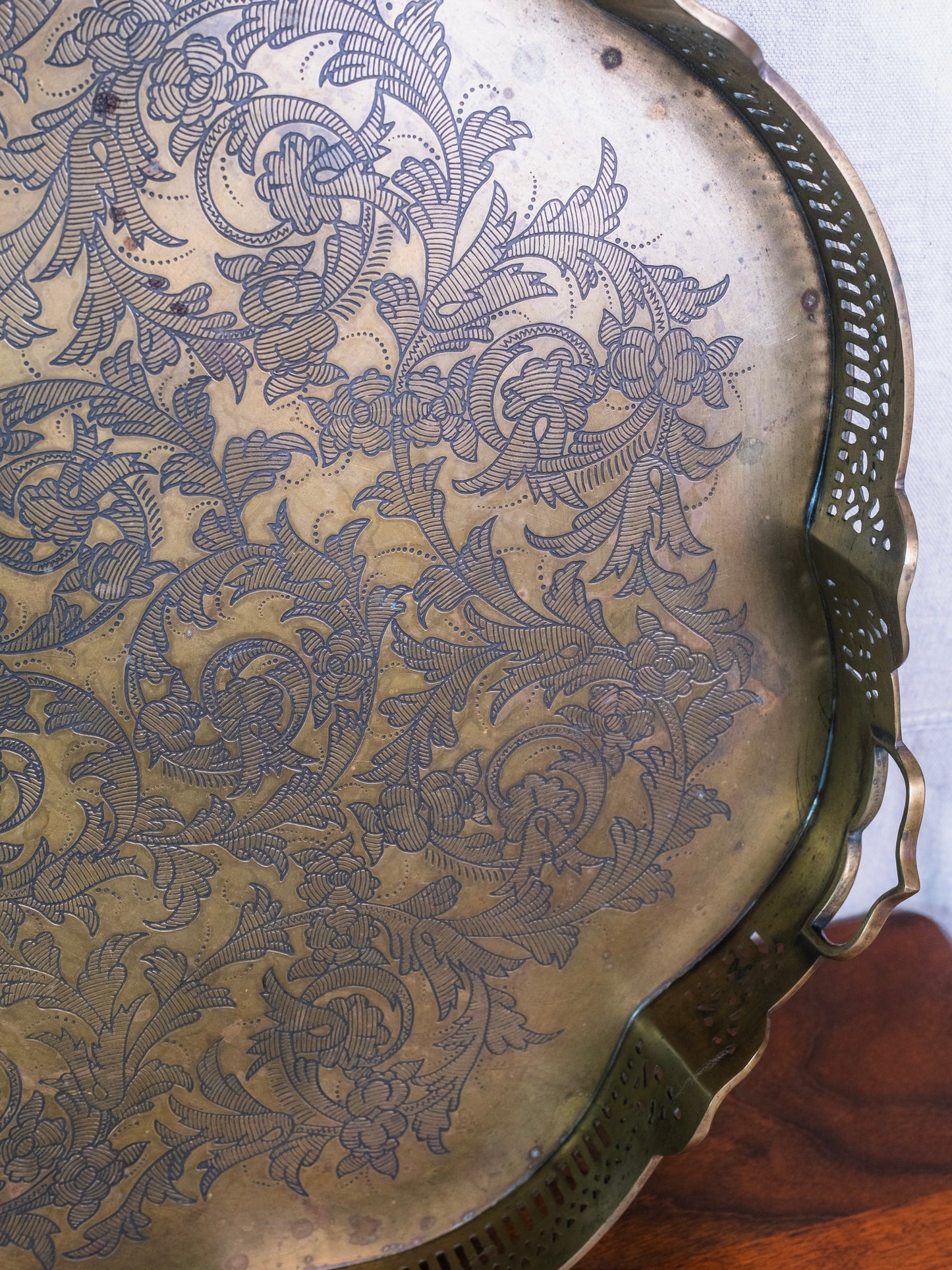 Vintage Large Solid Brass Etched Platter Tray