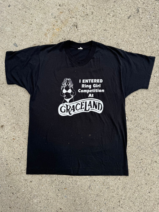 Vintage 1980s Graceland Ring Girl Competition Black Graphic Tee | Large