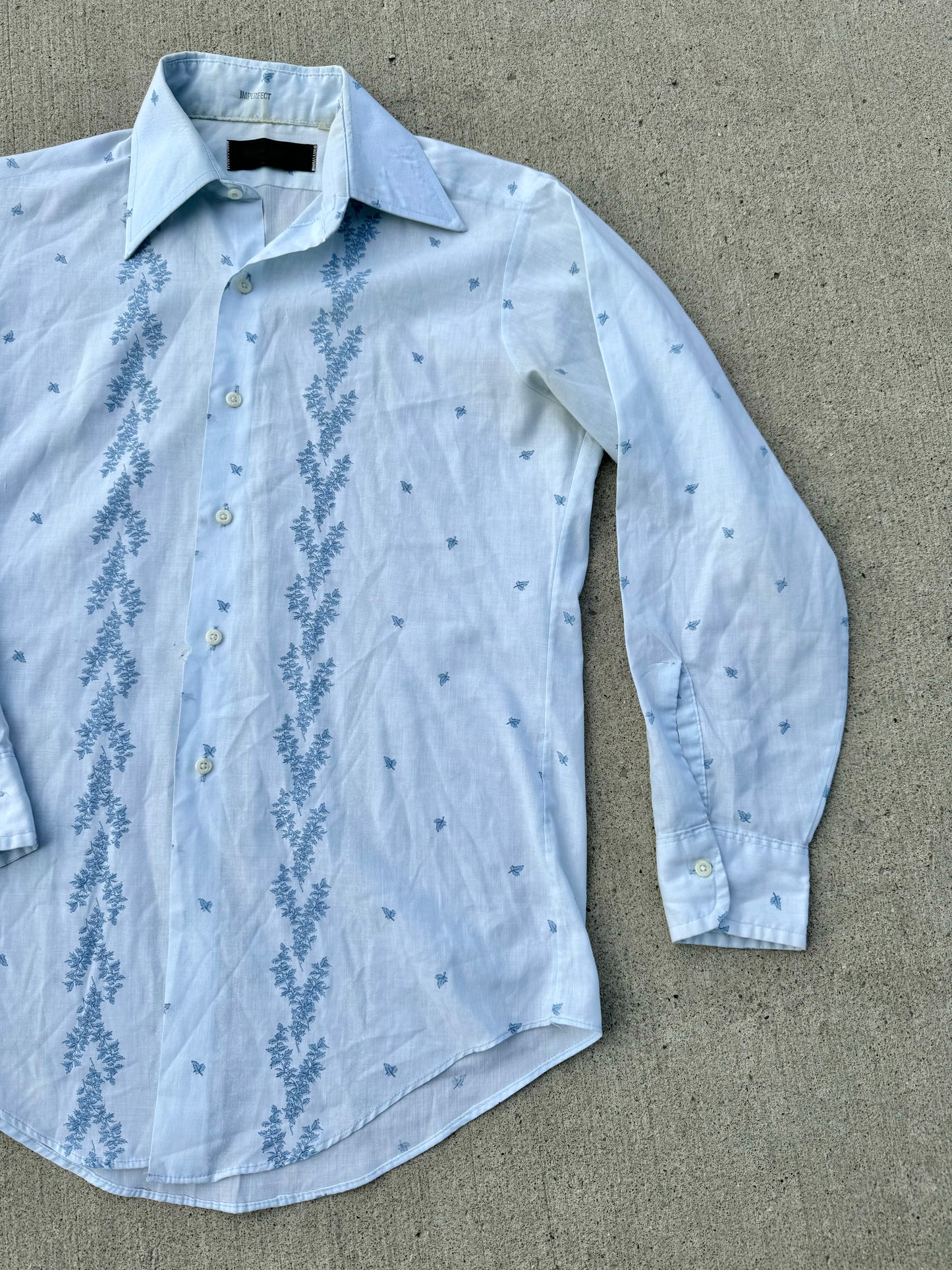 Vintage 1970s Van Heusen Pale Blue Printed Dress Shirt | M/L