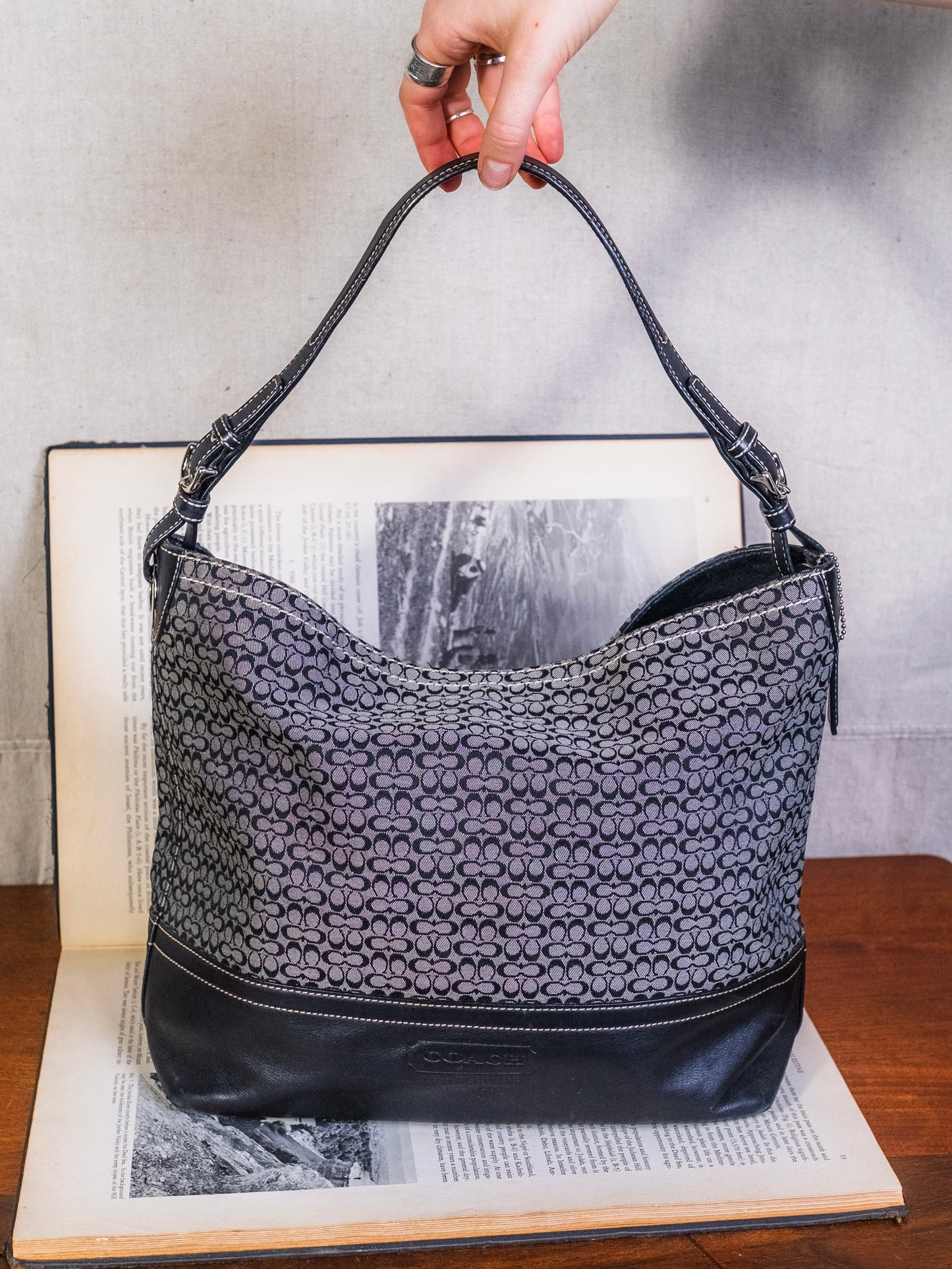 2000s Coach Black & Grey Signature Hobo Shoulder Bag | Style No. F11666