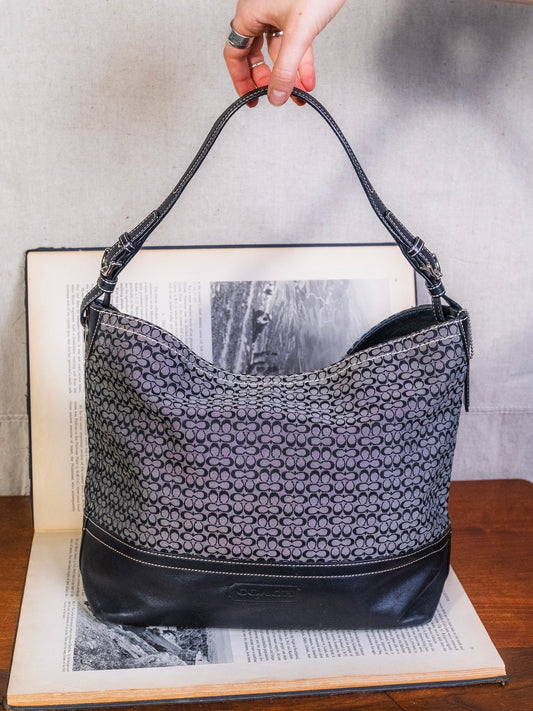 2000s Coach Black & Grey Signature Hobo Shoulder Bag | Style No. F11666