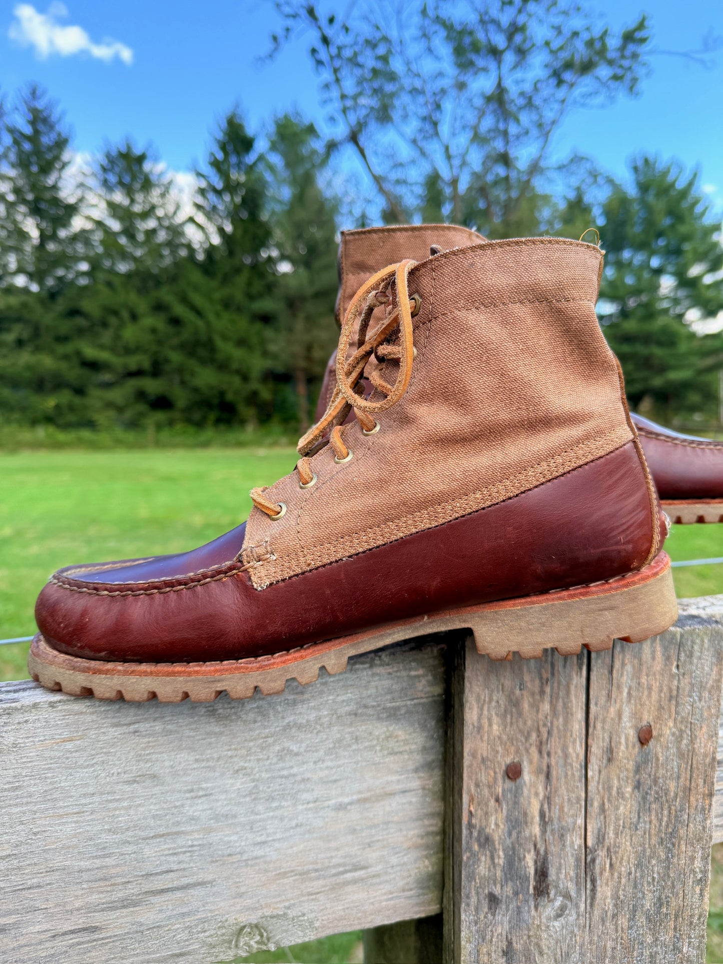 Vintage 1990s Timberland Two-Tone Brown Leather & Canvas Boots | Men’s 11.5