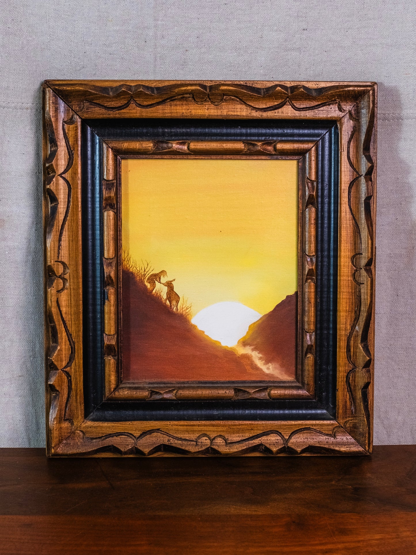 Vintage 1960s Framed "Boy & His Donkey” Sunset Oil on Canvas Painting