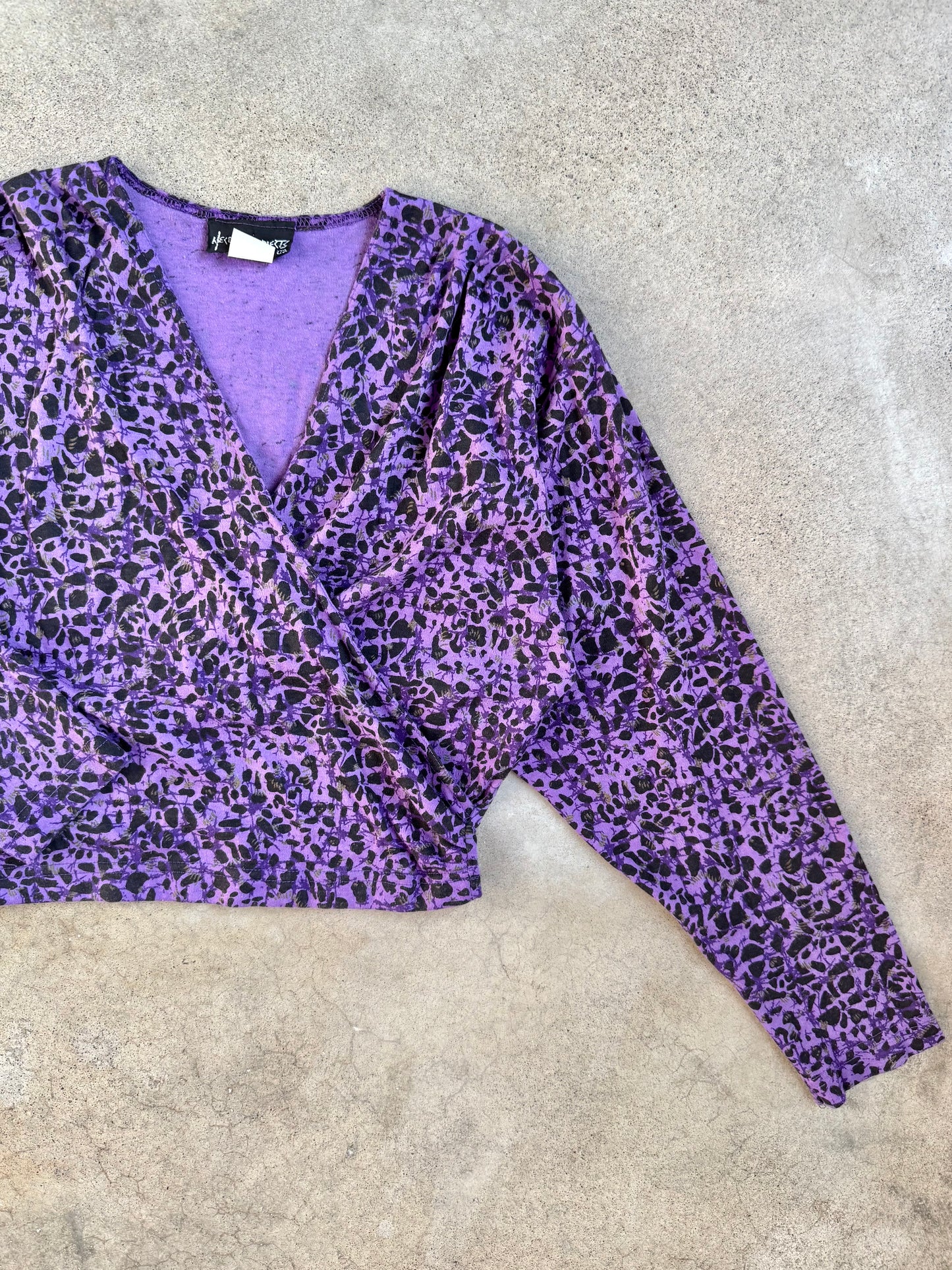 Vintage 1980s Necessary Objects Purple & Black Abstract Cropped Wrap Top | Small