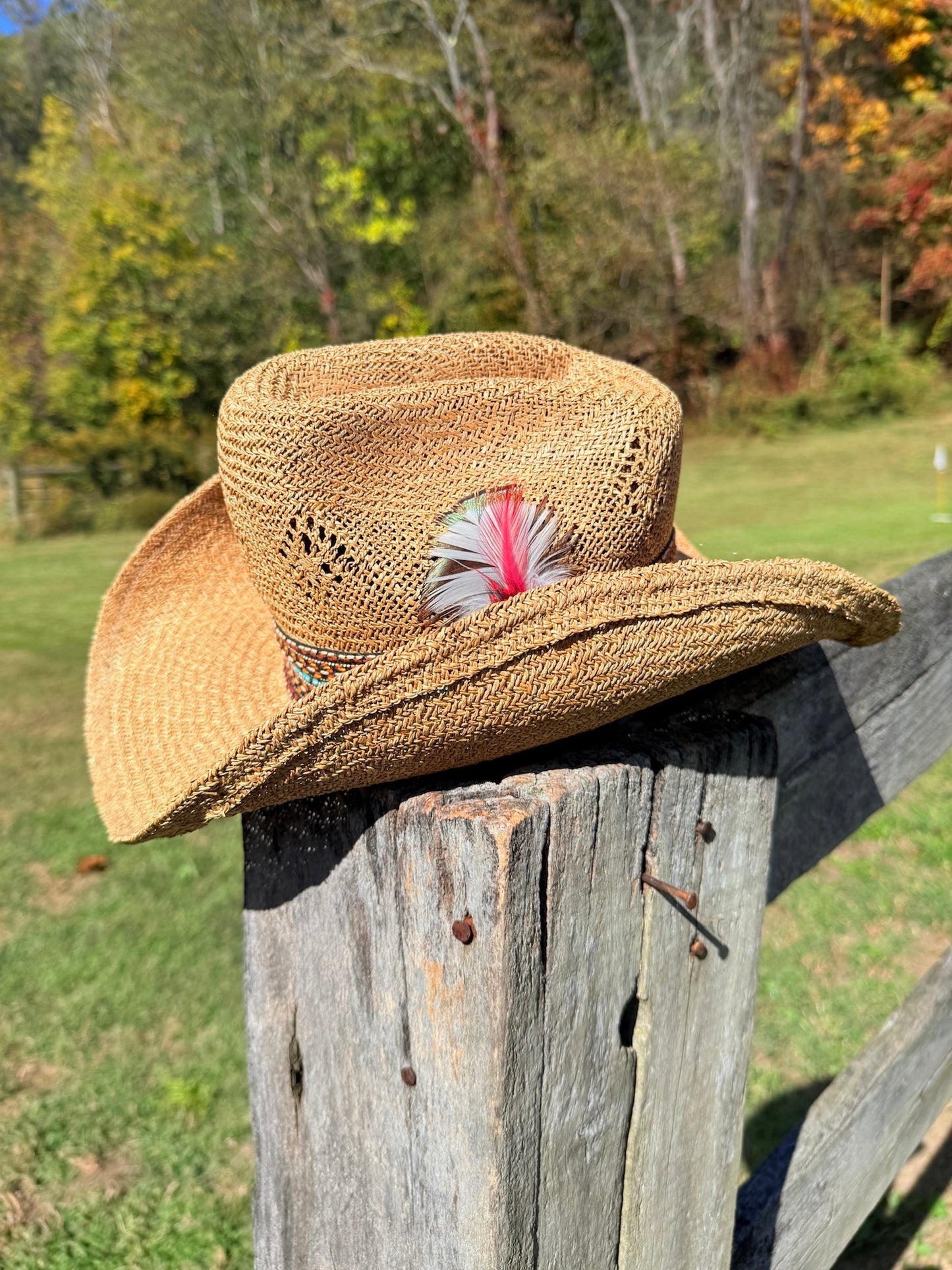 Vintage 1970s Straw Woven Feather Cowboy Hat