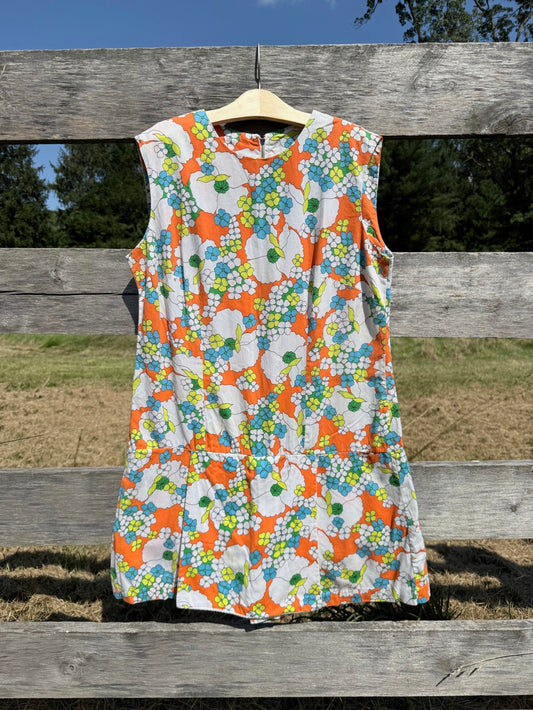 Vintage 1960s Orange Floral Drop Waist Skort Dress | Large