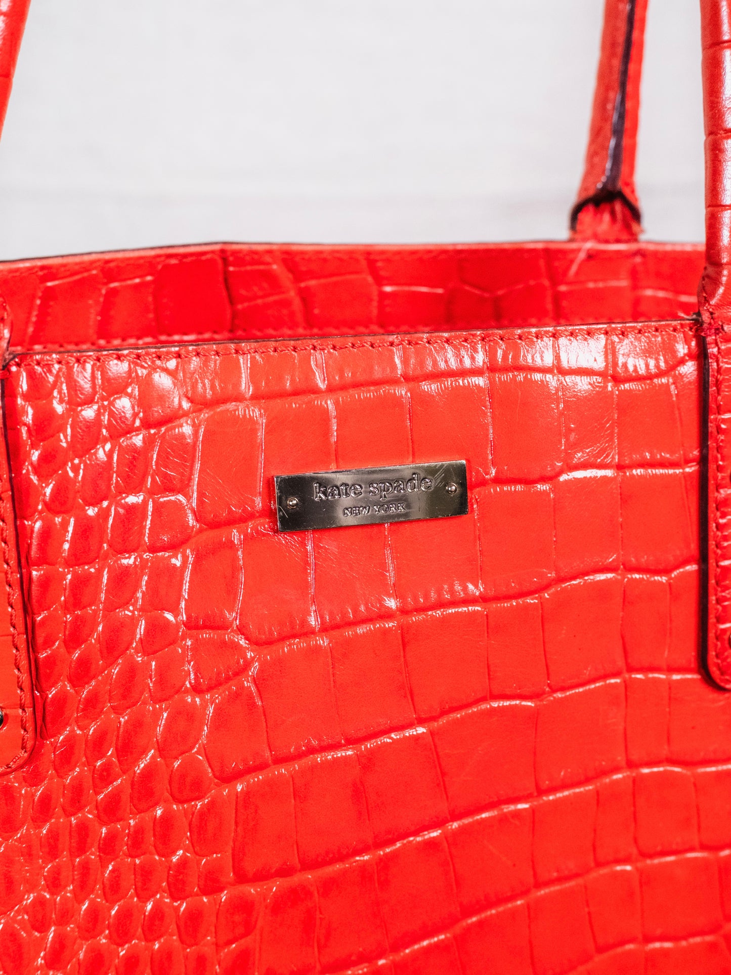 2000s Kate Spade Red Croc Embossed Leather Top Handle Bag