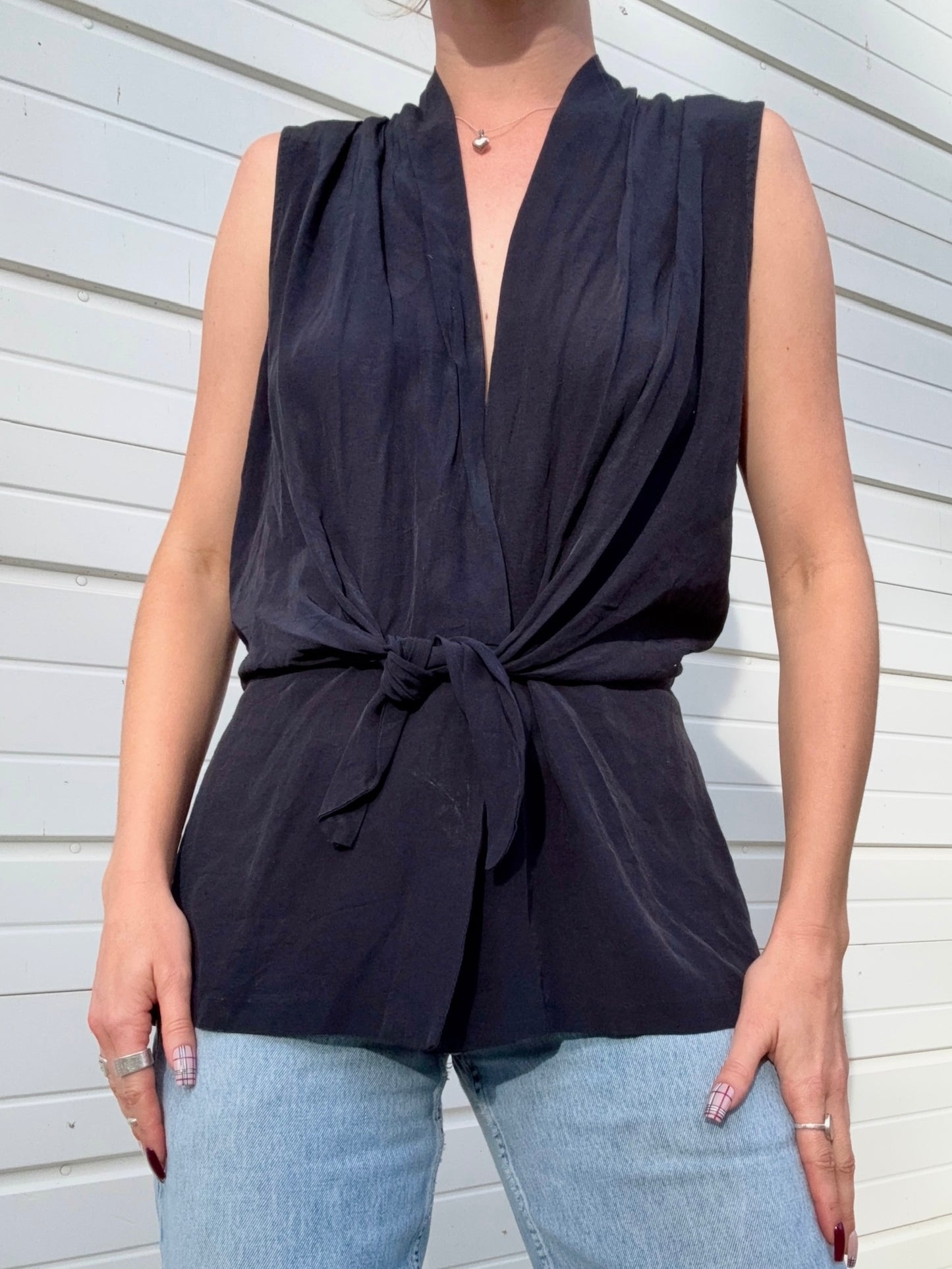 Vintage 1980s Francine Browner Sash Tie-Front Sleeveless Blouse | Large