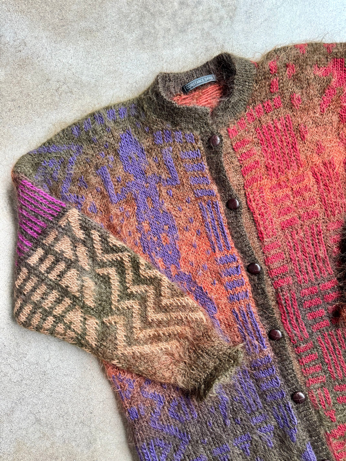 Vintage Constance Davis Geometric Multi-Pattern Mohair Cardigan | Large