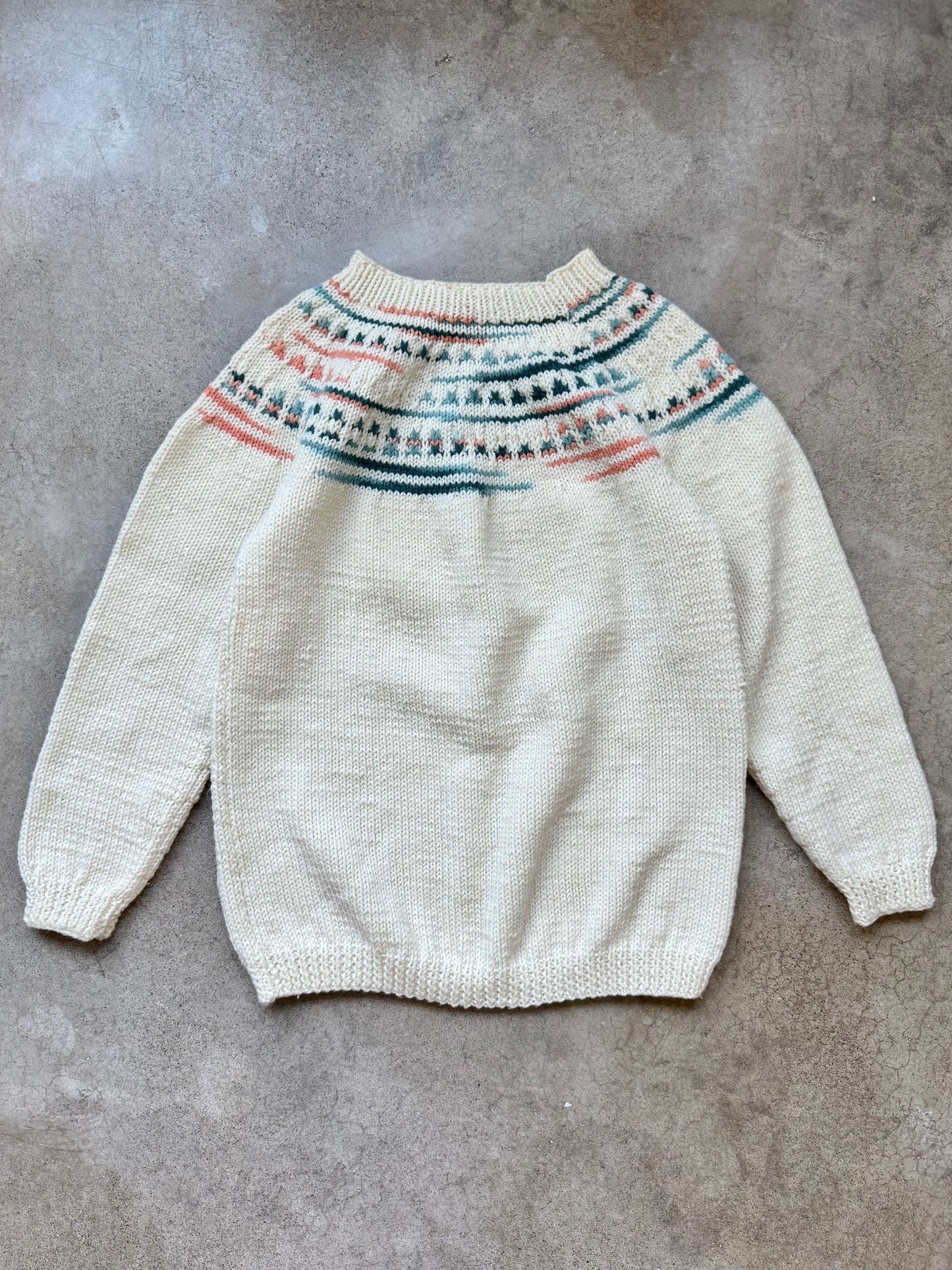 Vintage Cream Hand-Knit Nordic Yoke Sweater | Large